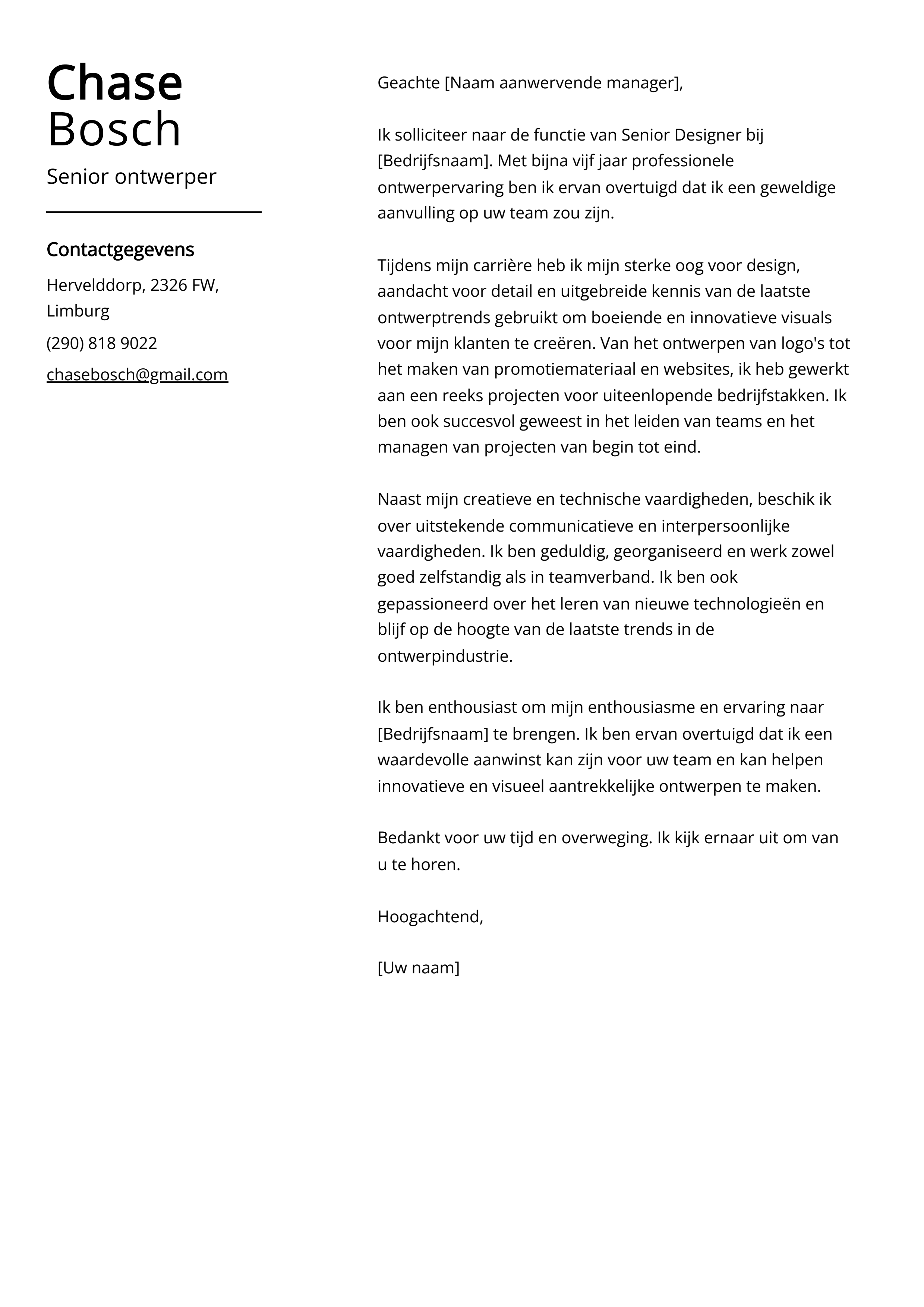 Senior ontwerper Sollicitatiebrief Voorbeeld