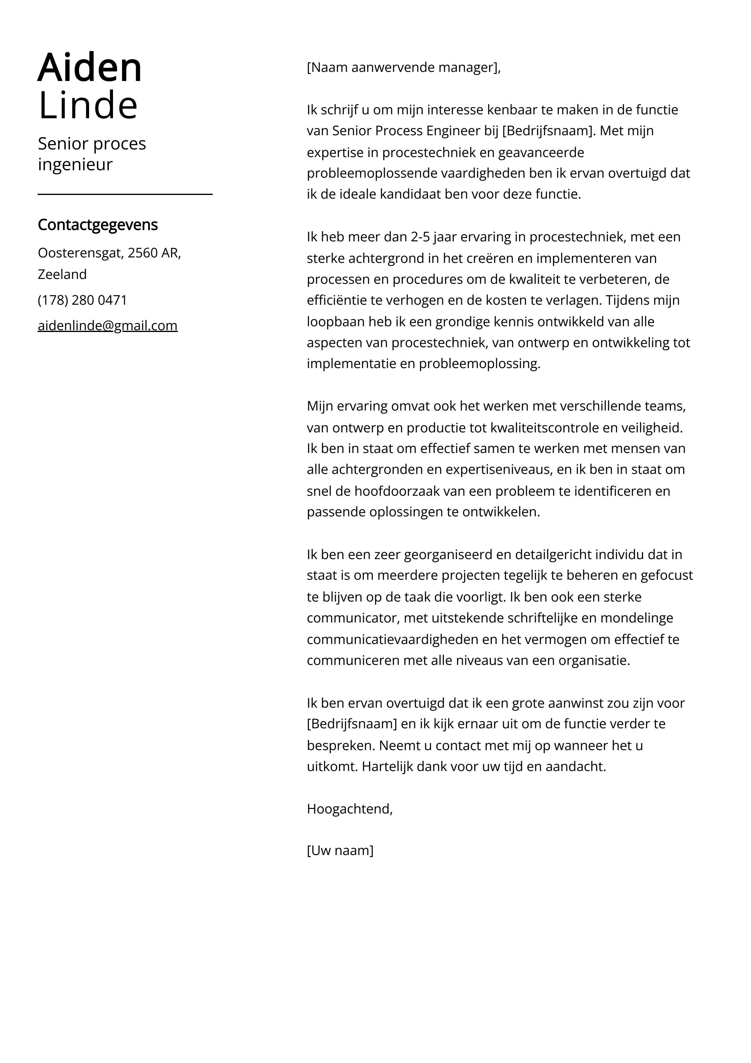 Senior proces ingenieur Sollicitatiebrief Voorbeeld