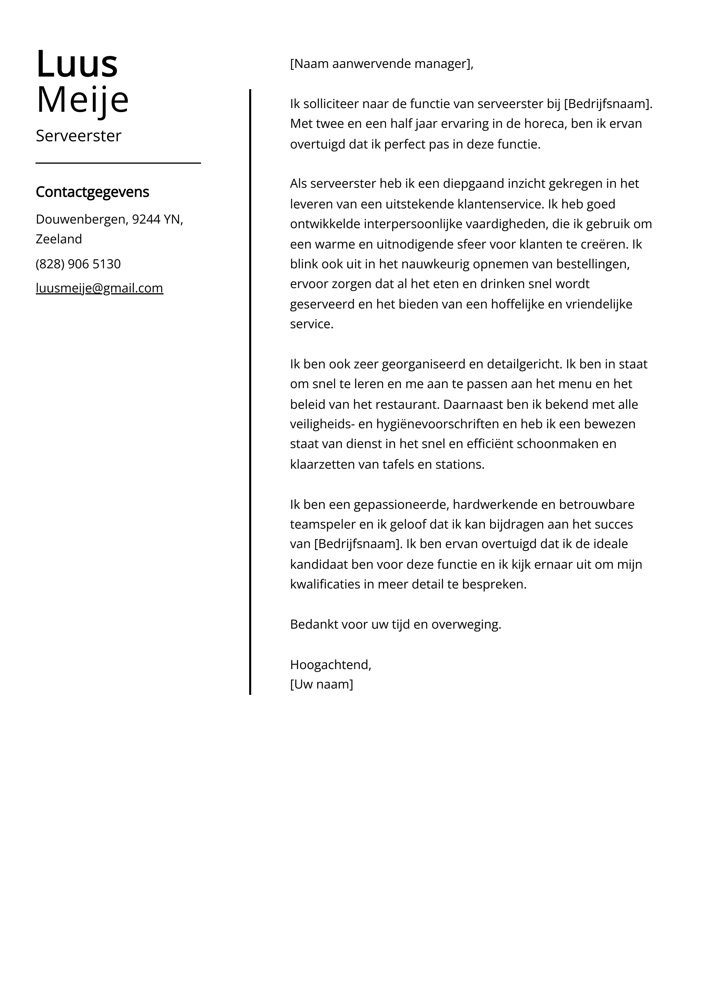 Serveerster Sollicitatiebrief Voorbeeld