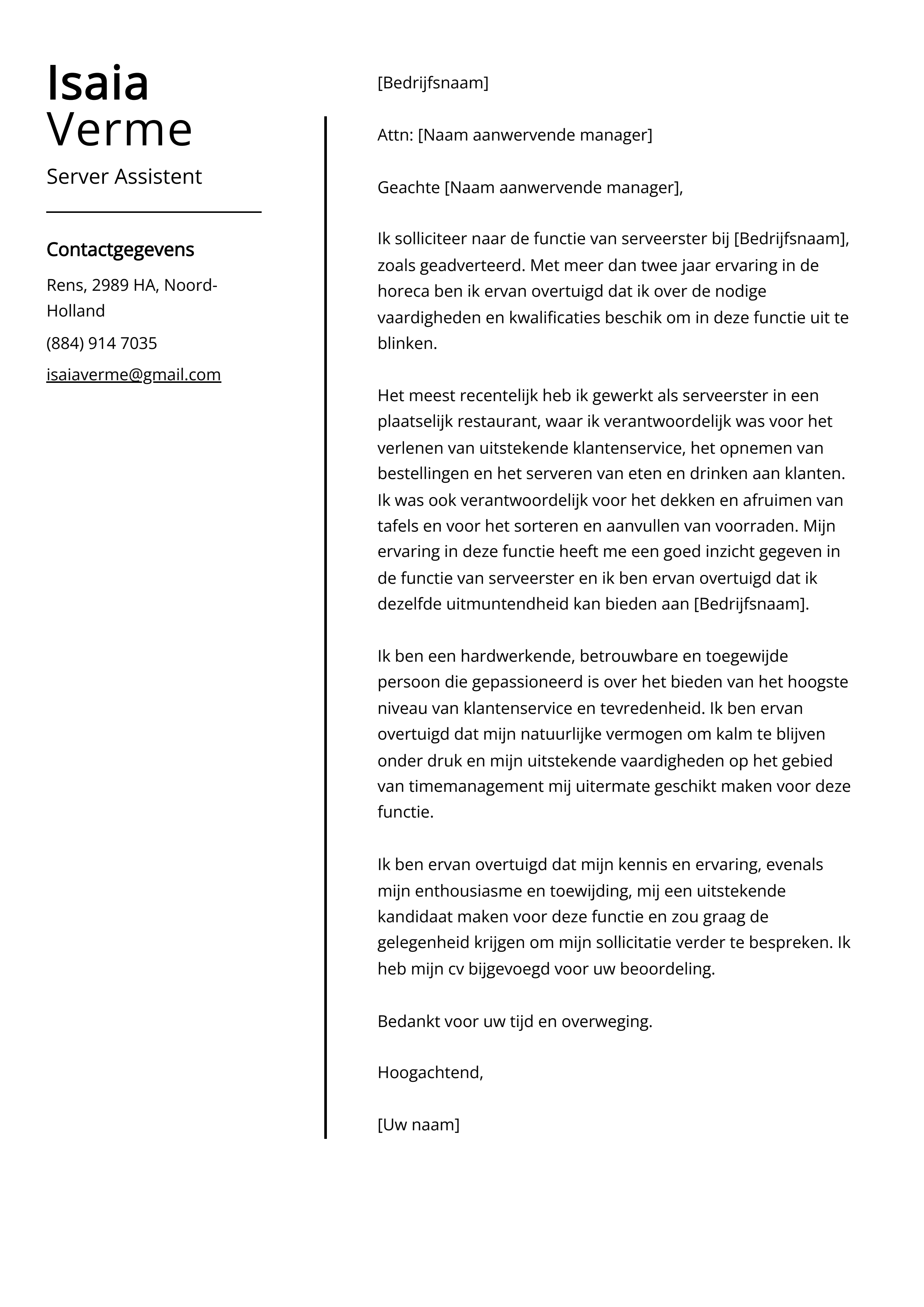 Server Assistent Begeleidend schrijven Voorbeeld