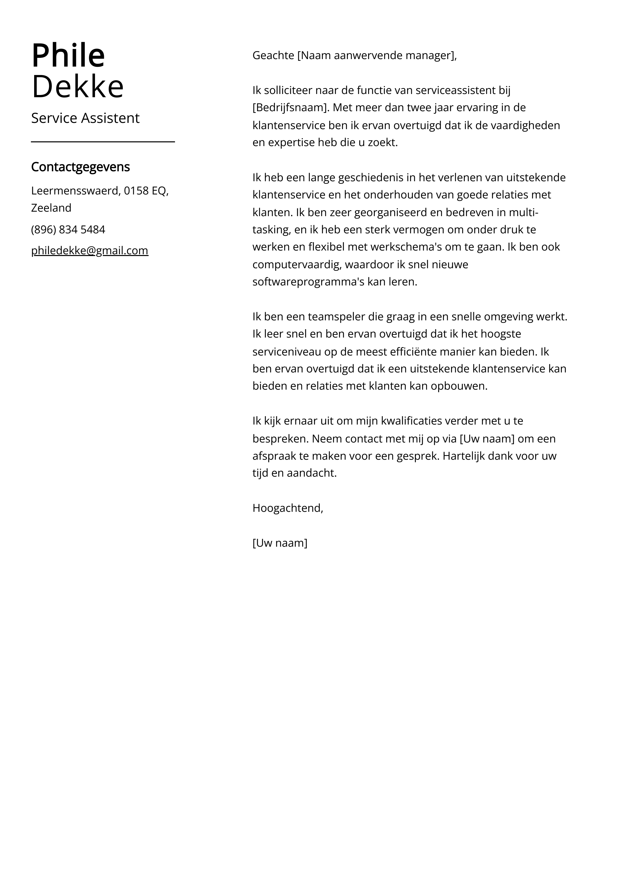 Service Assistent Begeleidend schrijven Voorbeeld