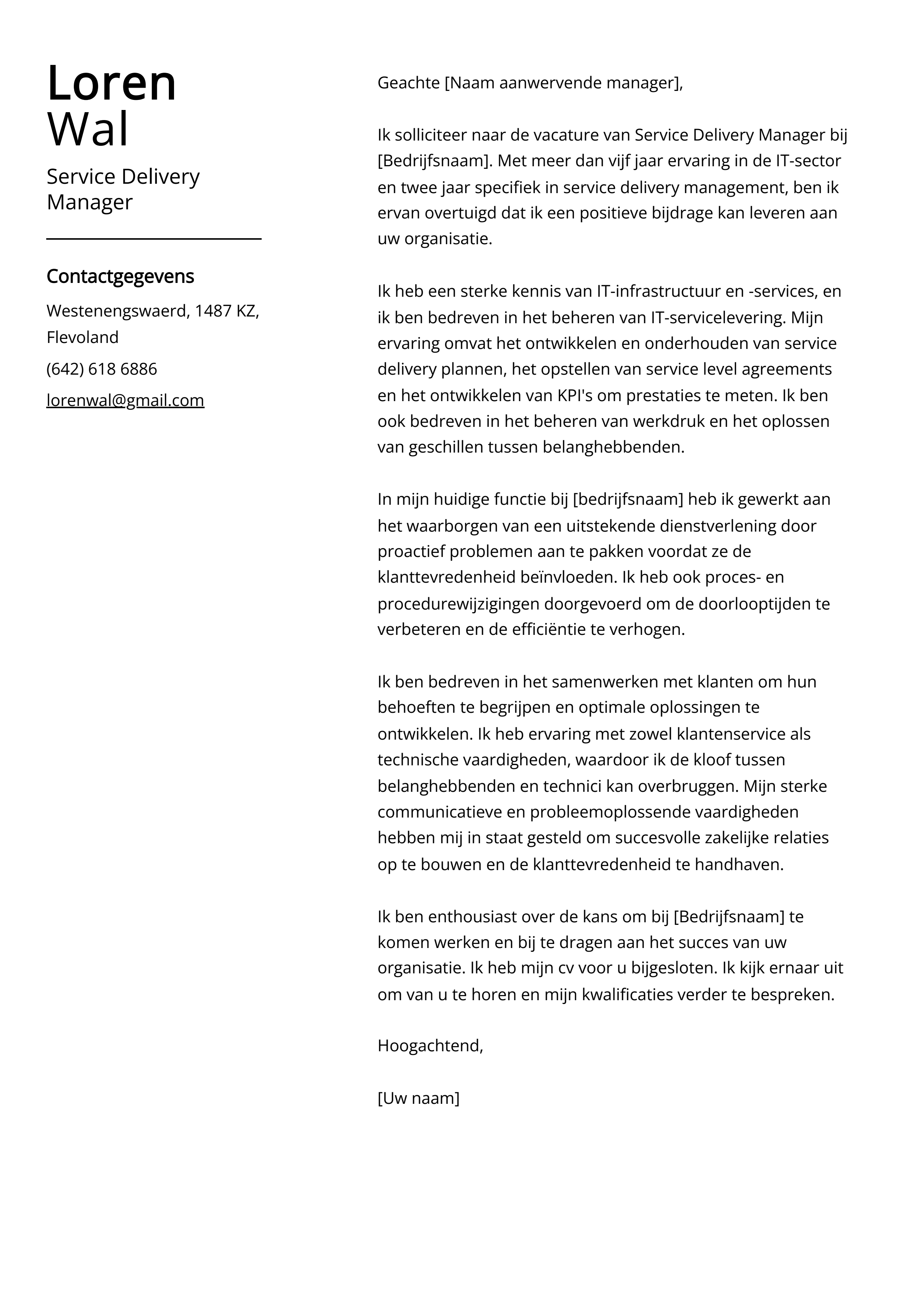 Service Delivery Manager Voorbeeld sollicitatiebrief