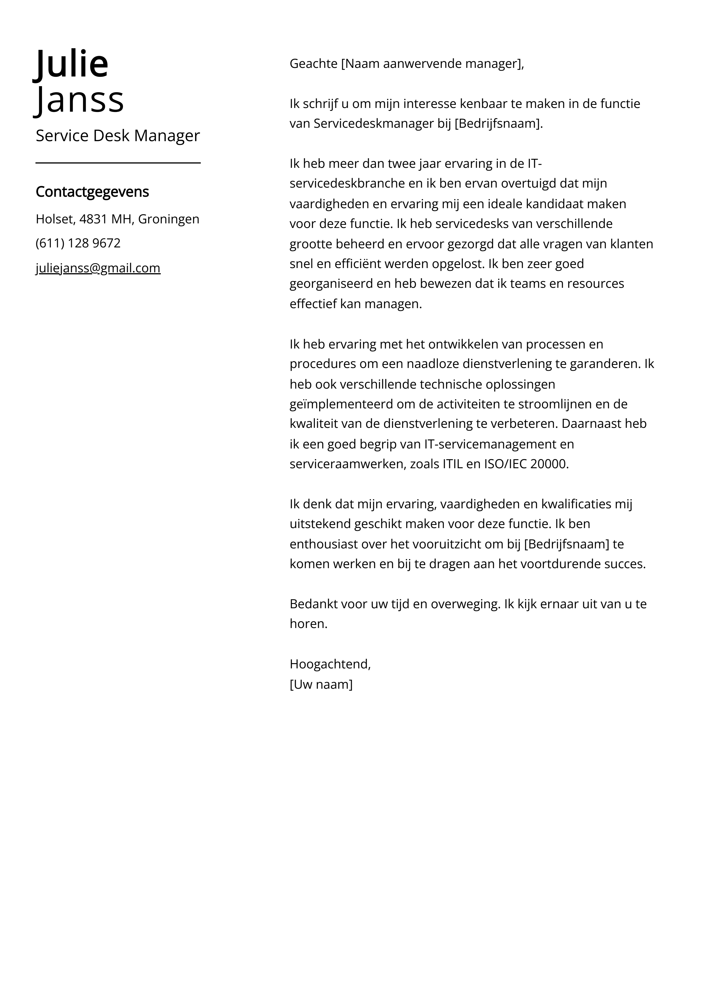 Service Desk Manager Voorbeeld sollicitatiebrief