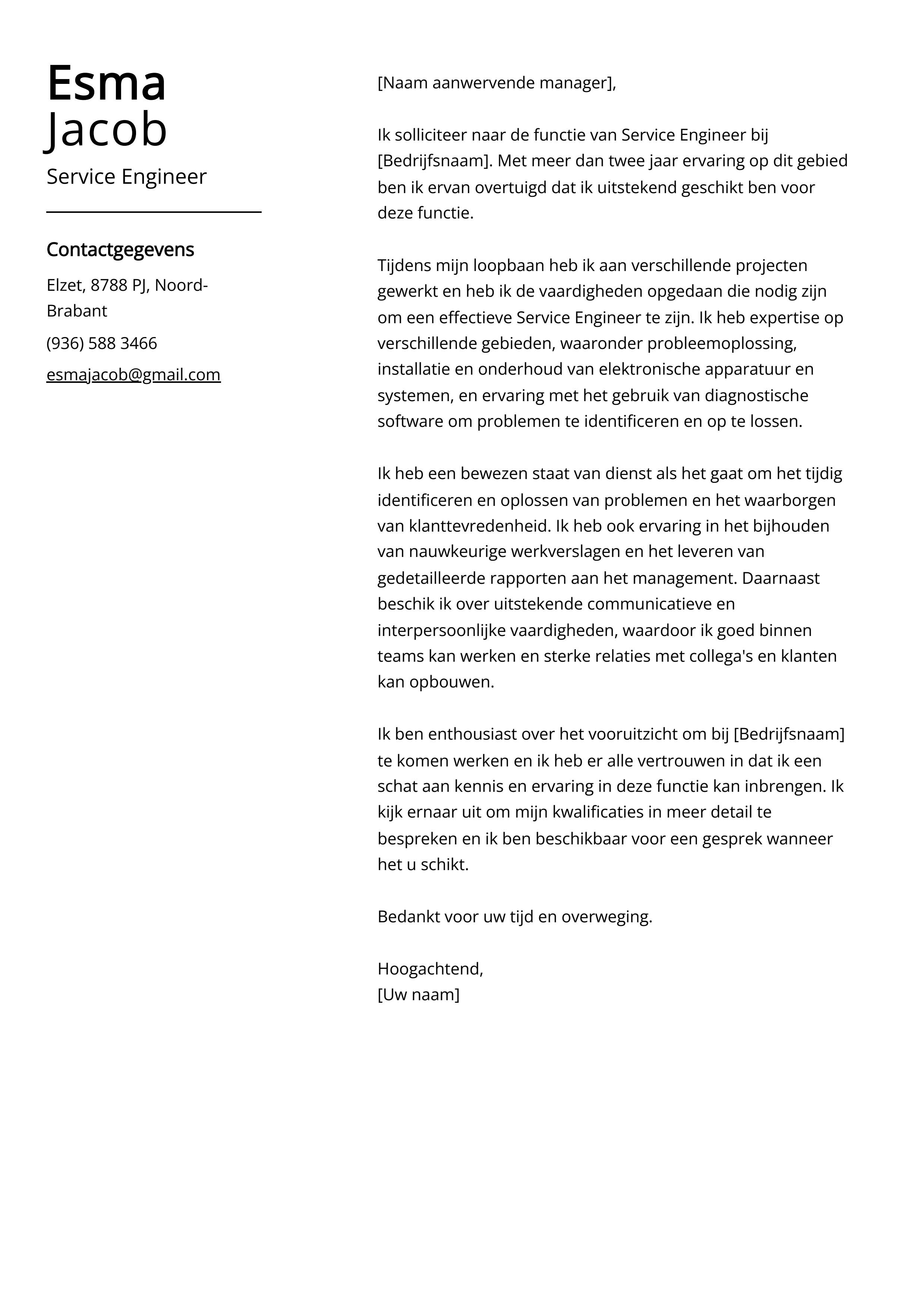 Service Engineer Voorbeeld sollicitatiebrief