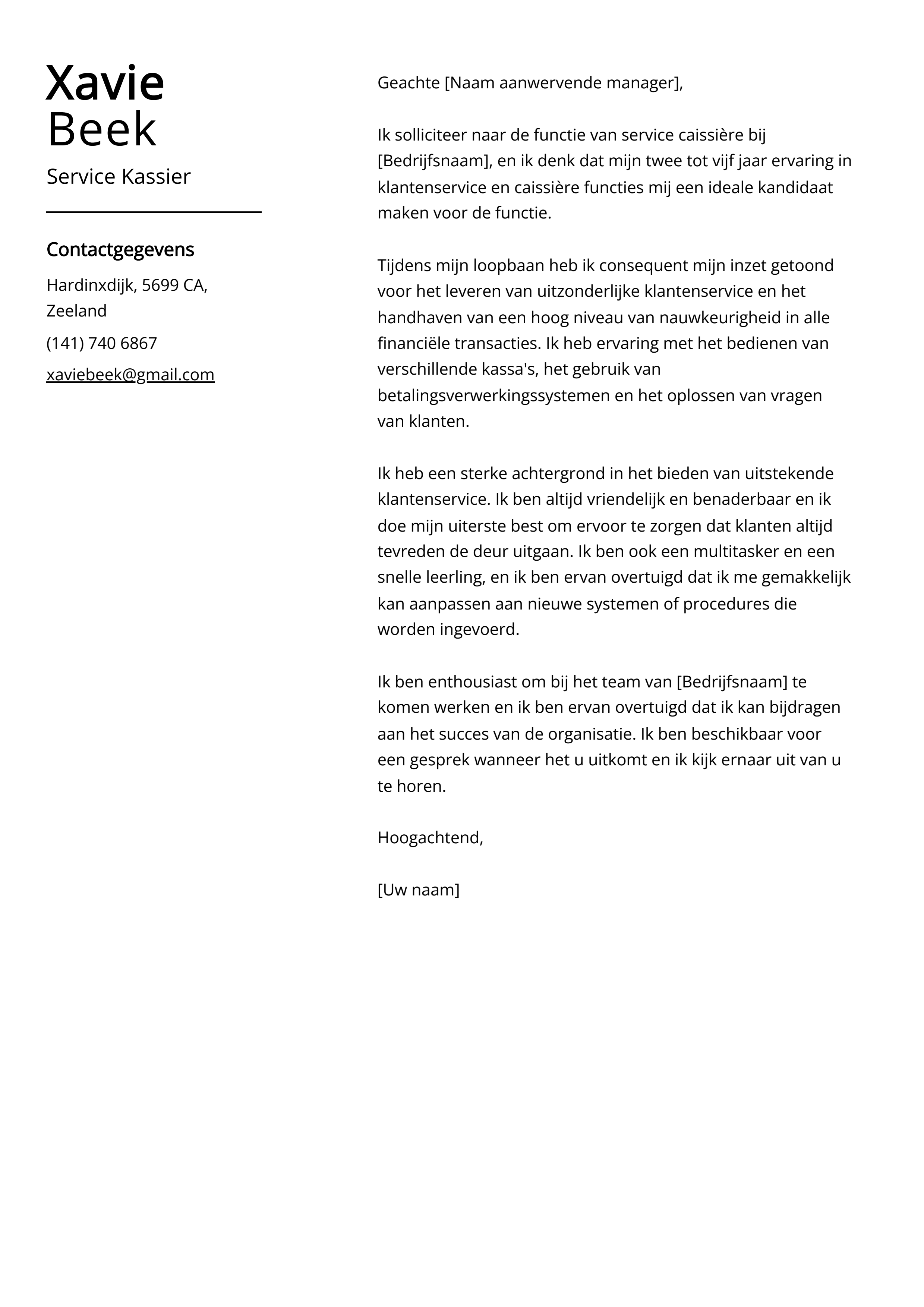 Service Kassier Sollicitatiebrief Voorbeeld