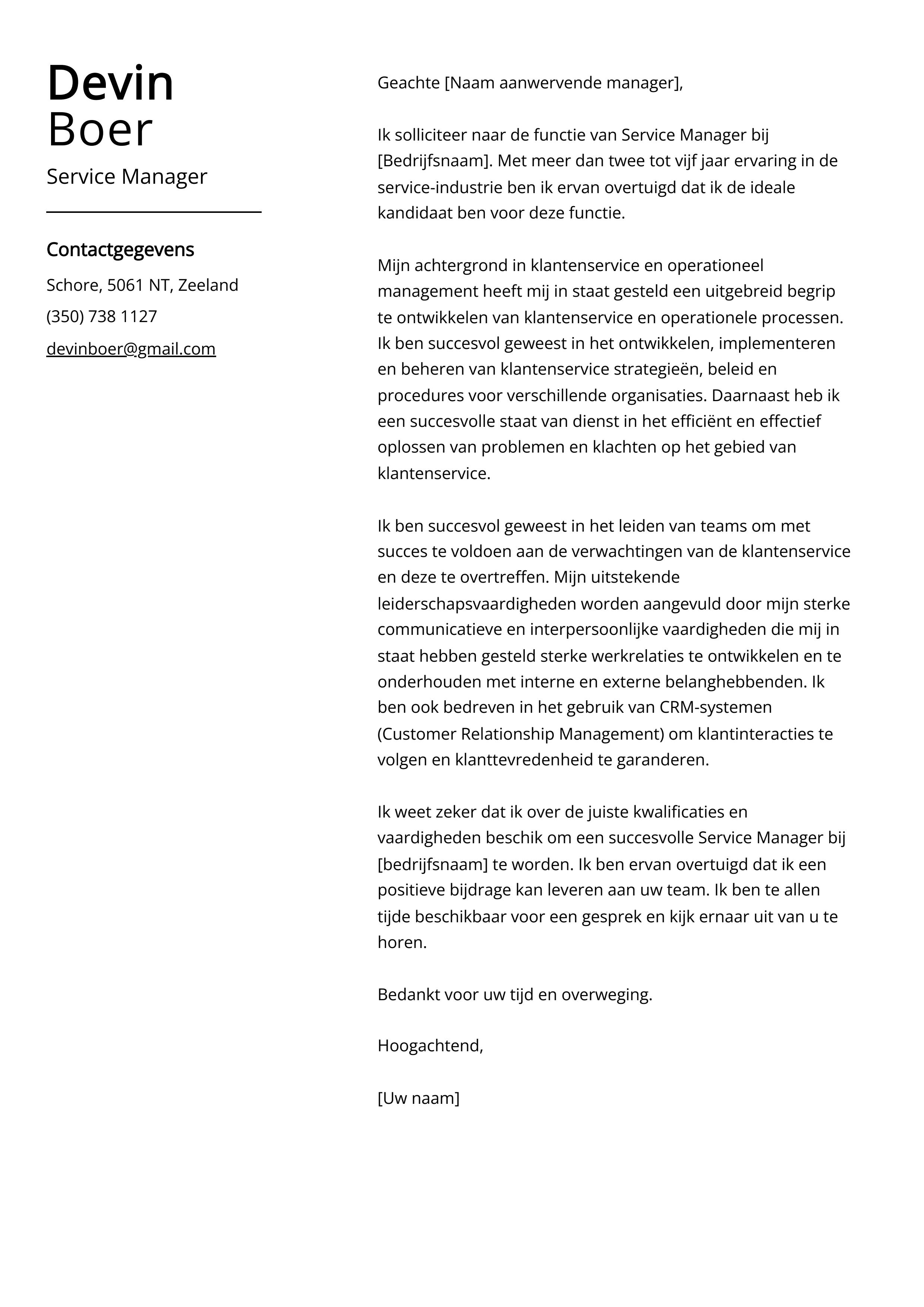 Service Manager Voorbeeld sollicitatiebrief