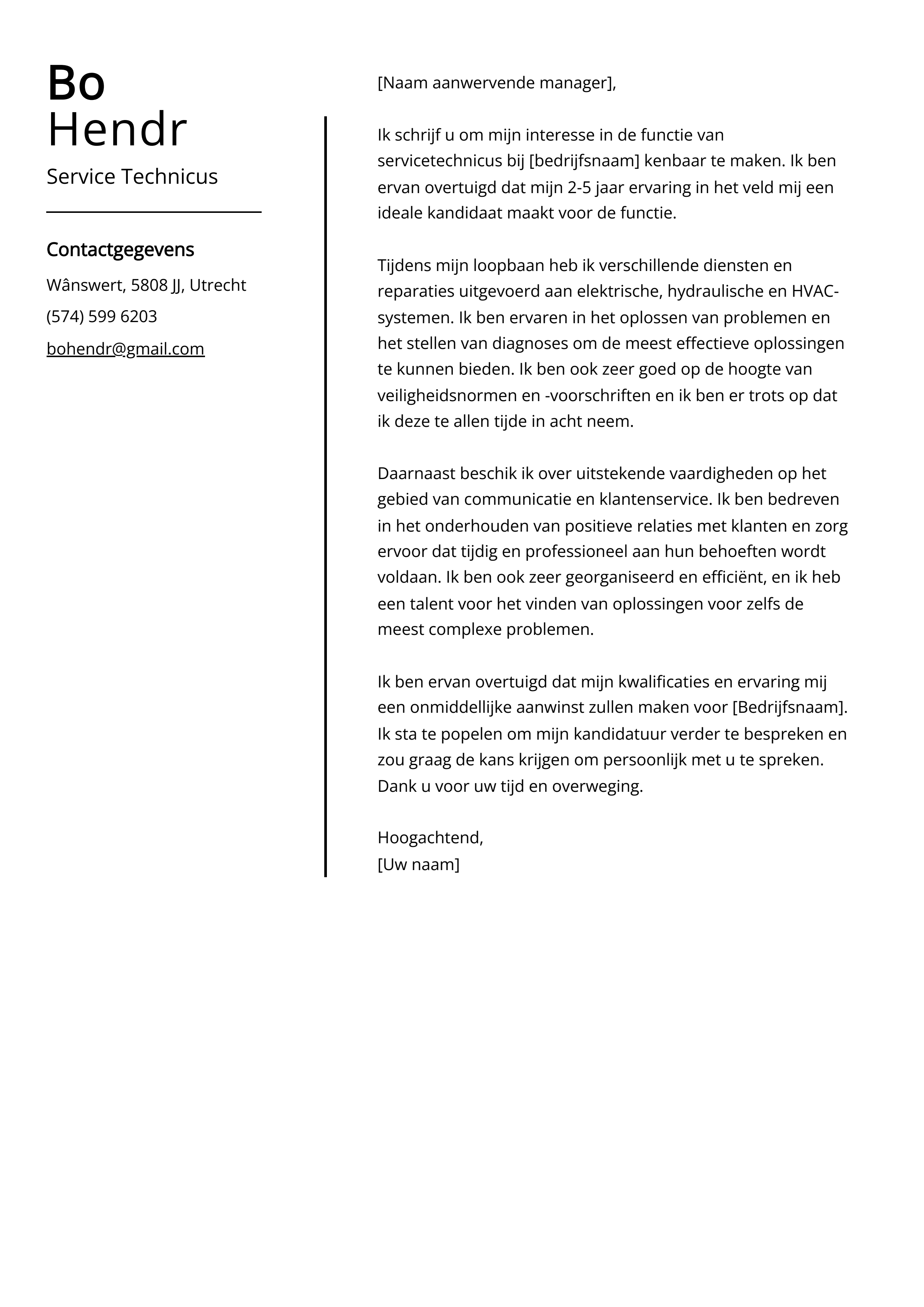 Service Technicus Sollicitatiebrief Voorbeeld