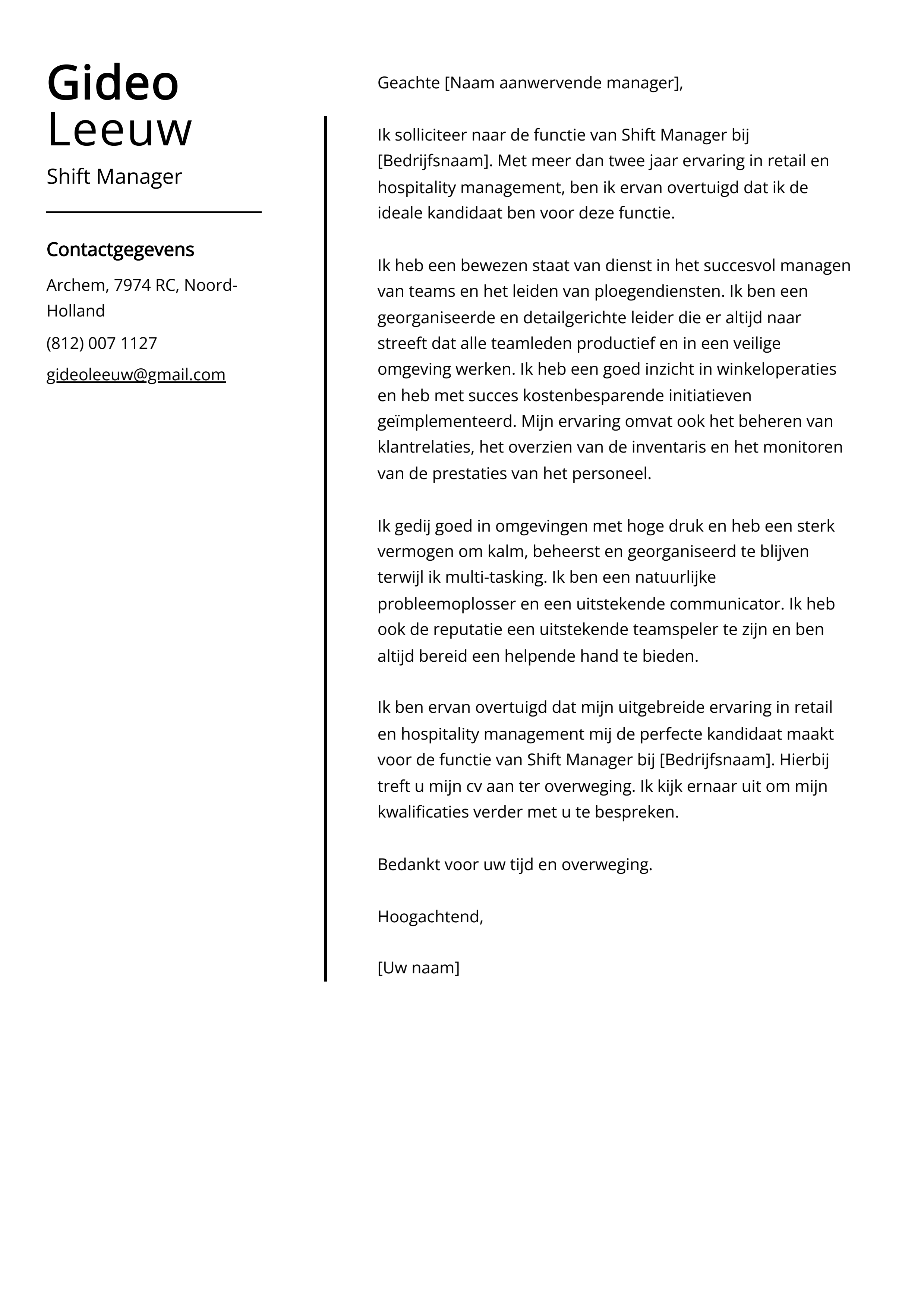 Shift Manager Voorbeeld sollicitatiebrief