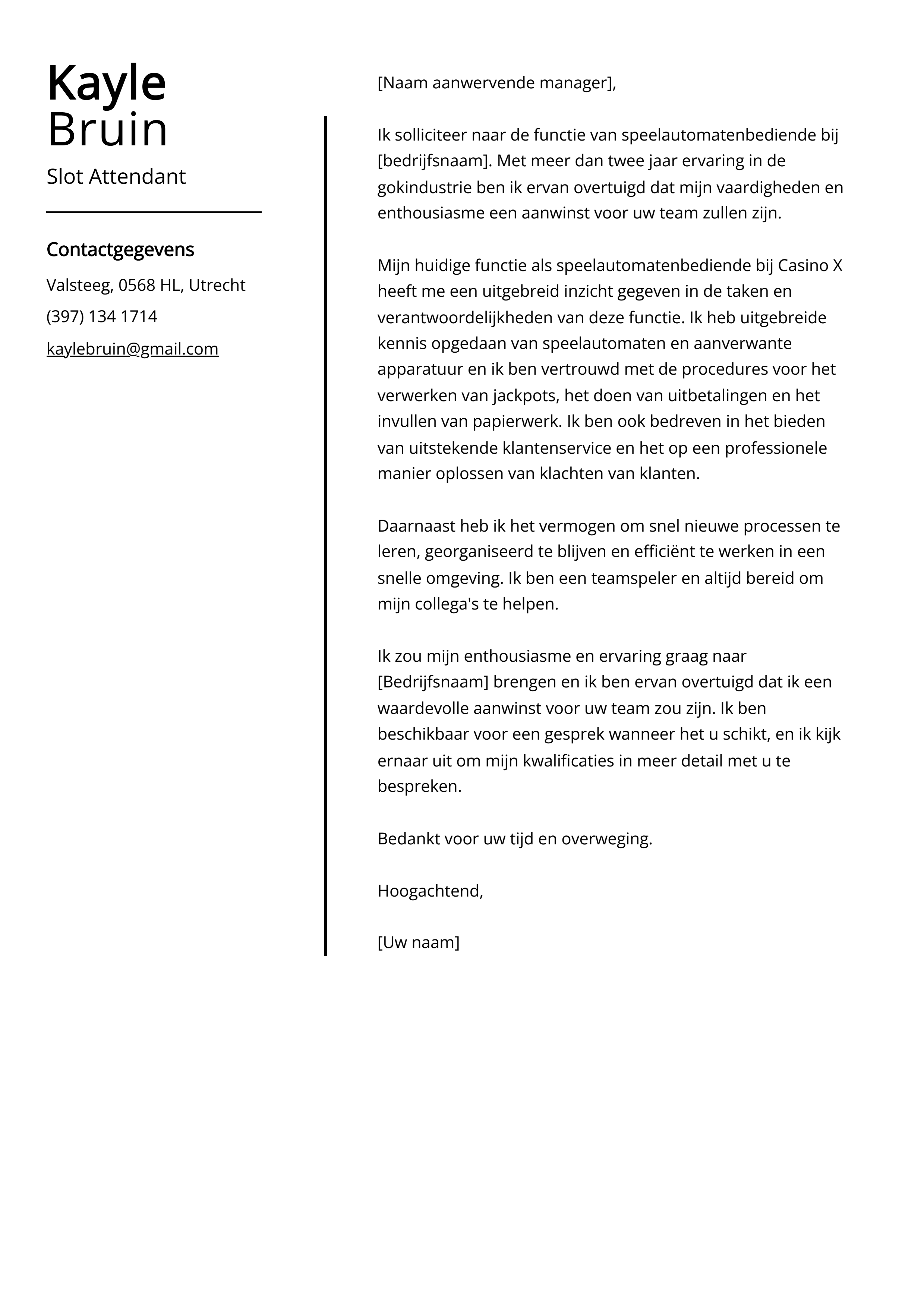 Slot Attendant Voorbeeld sollicitatiebrief