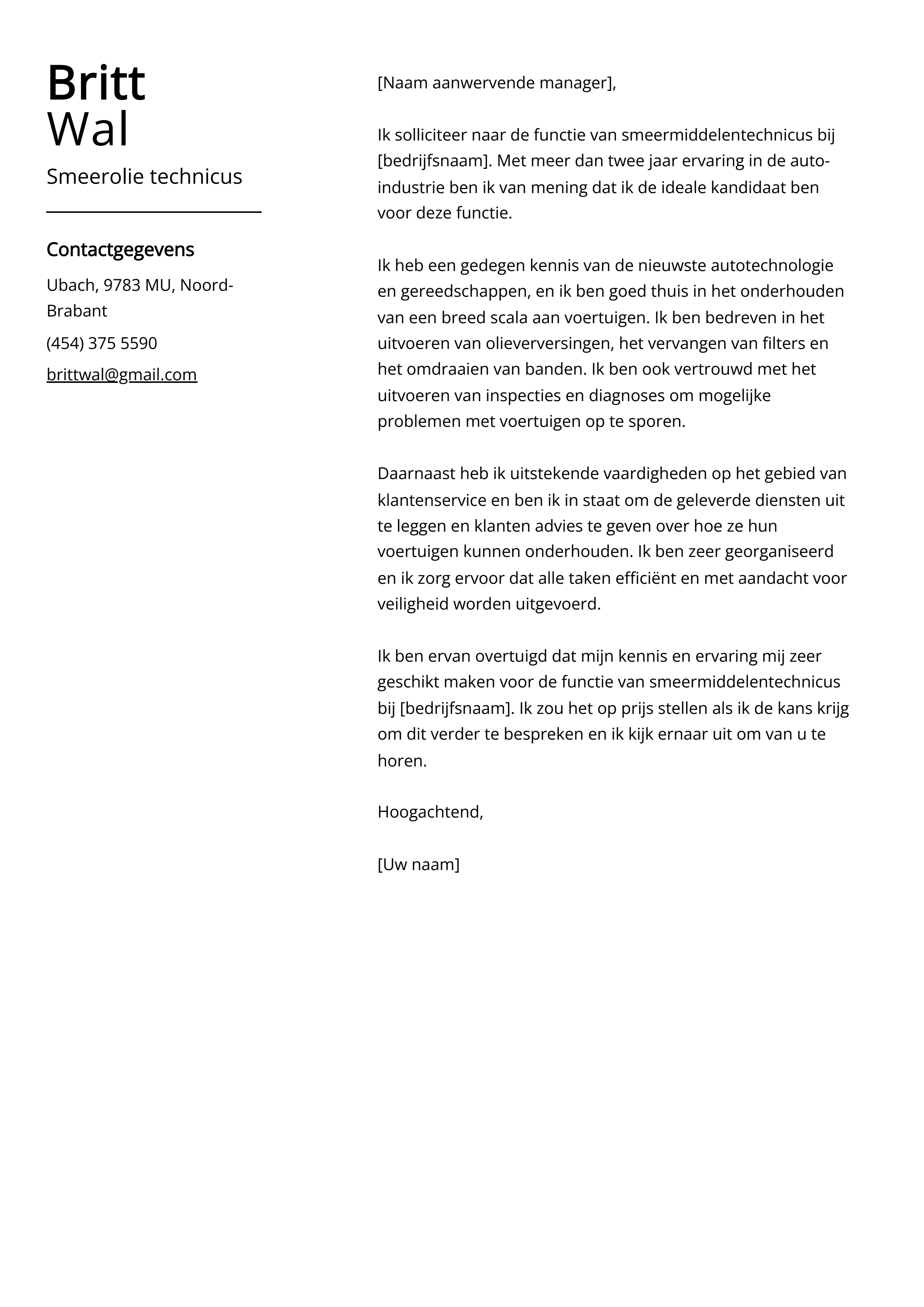 Smeerolie technicus Voorbeeld sollicitatiebrief