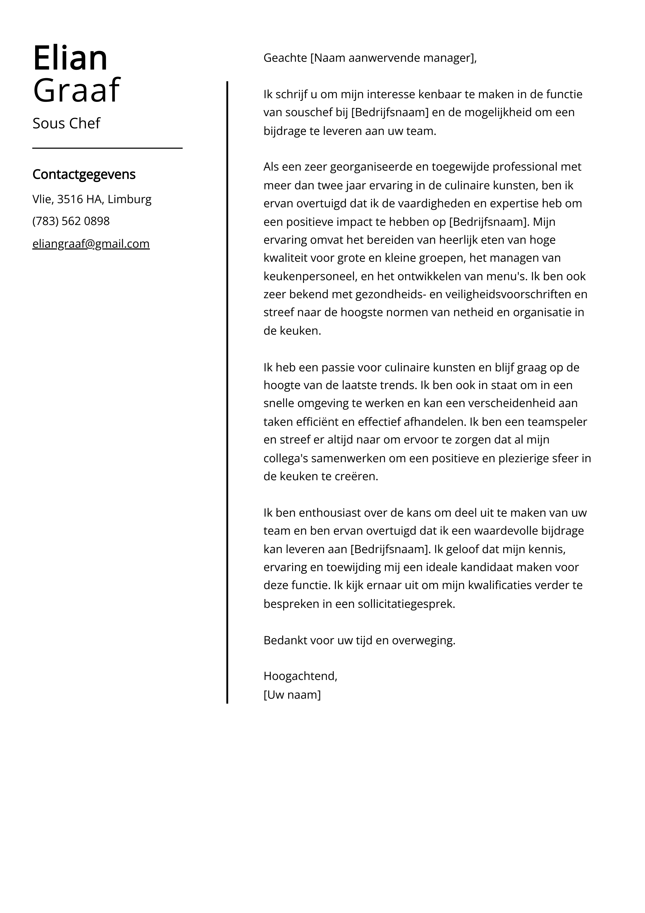 Sous Chef Voorbeeld sollicitatiebrief