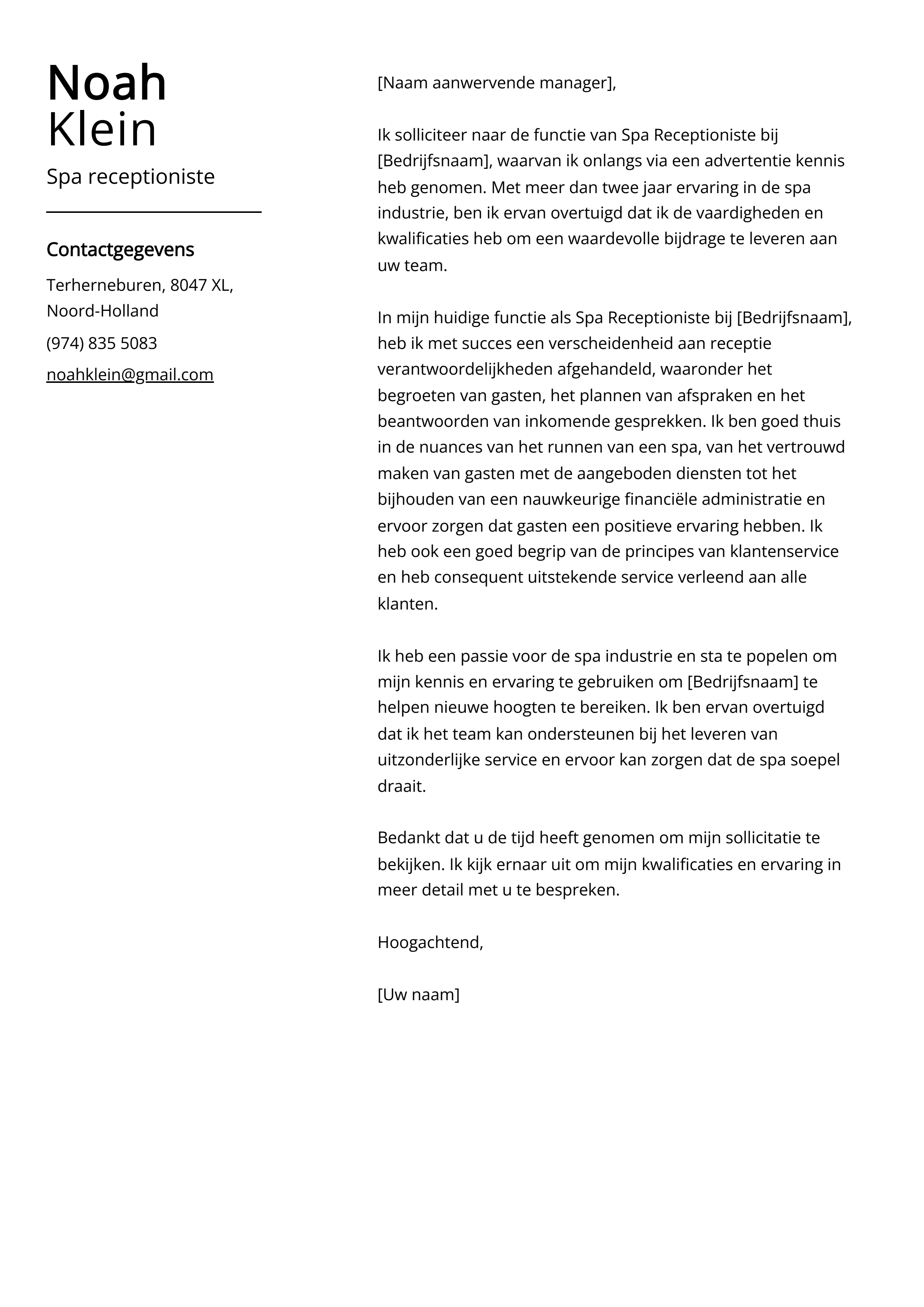 Spa receptioniste Sollicitatiebrief Voorbeeld