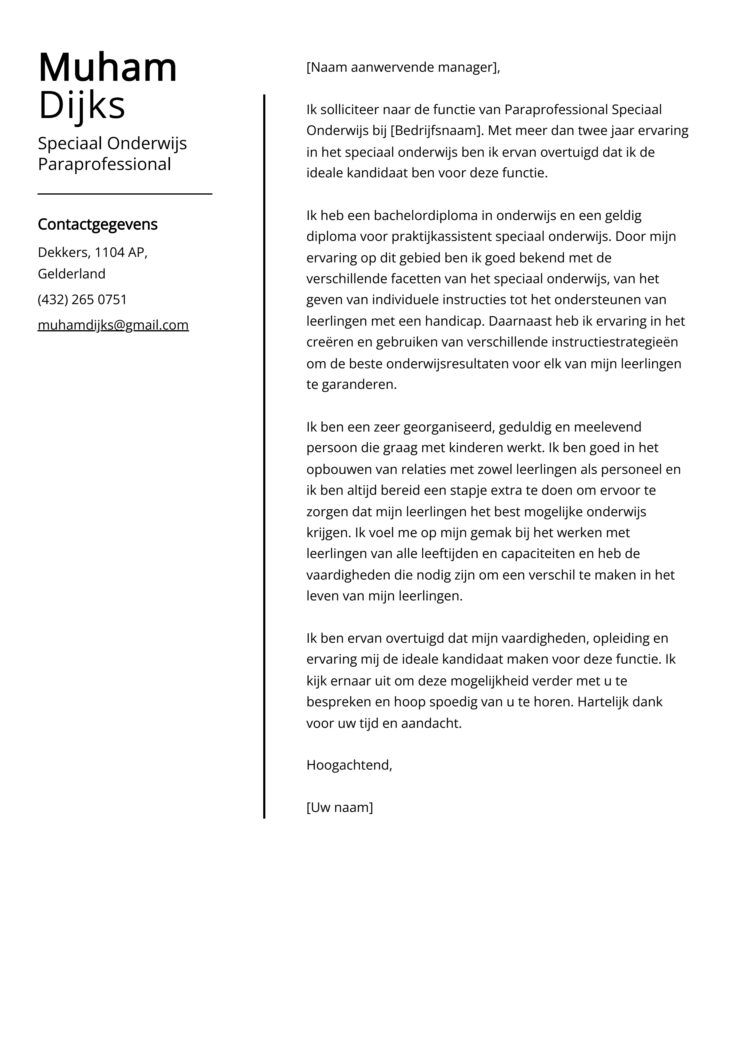 Speciaal Onderwijs Paraprofessional Voorbeeld sollicitatiebrief