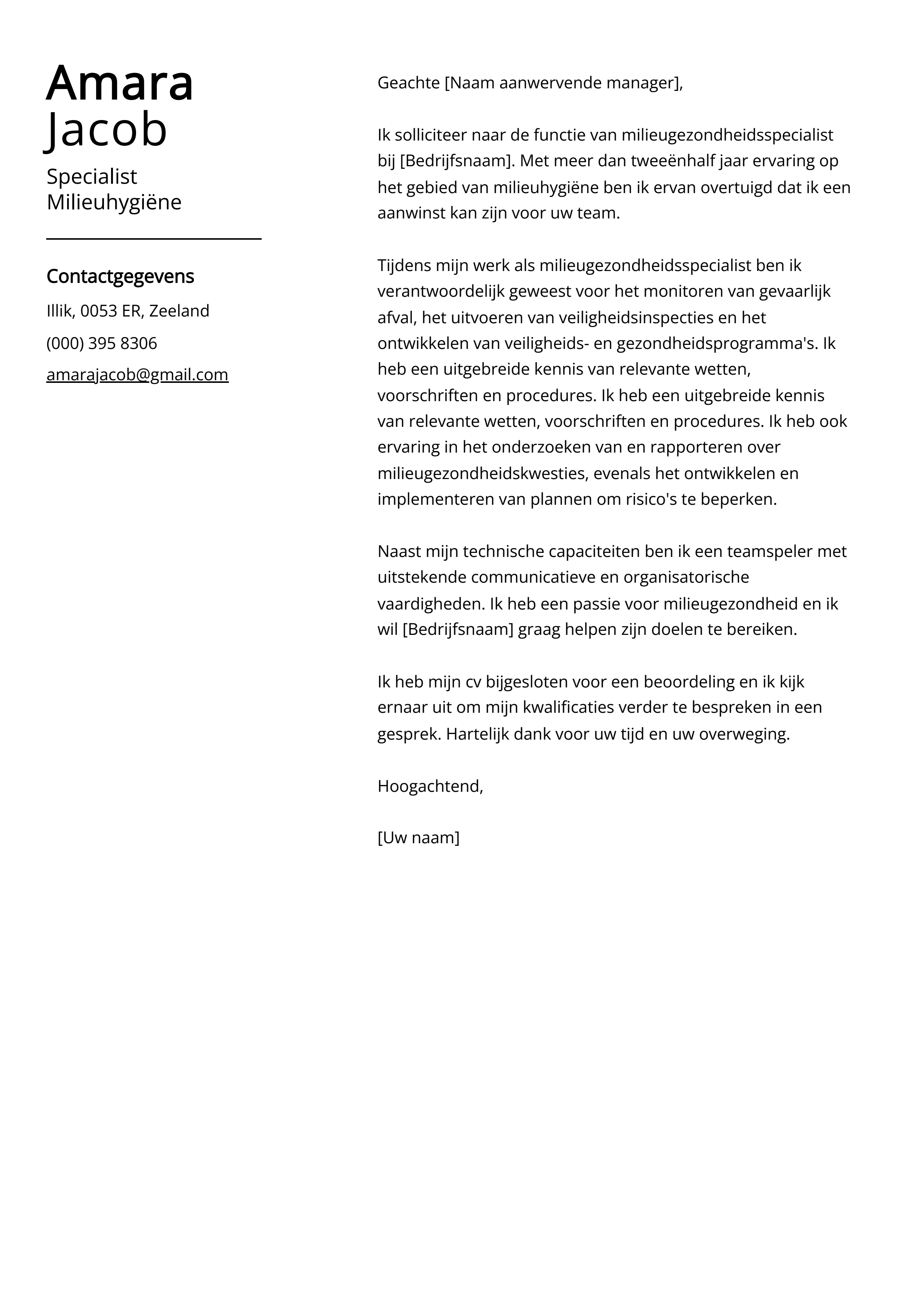 Specialist Milieuhygiëne Sollicitatiebrief Voorbeeld