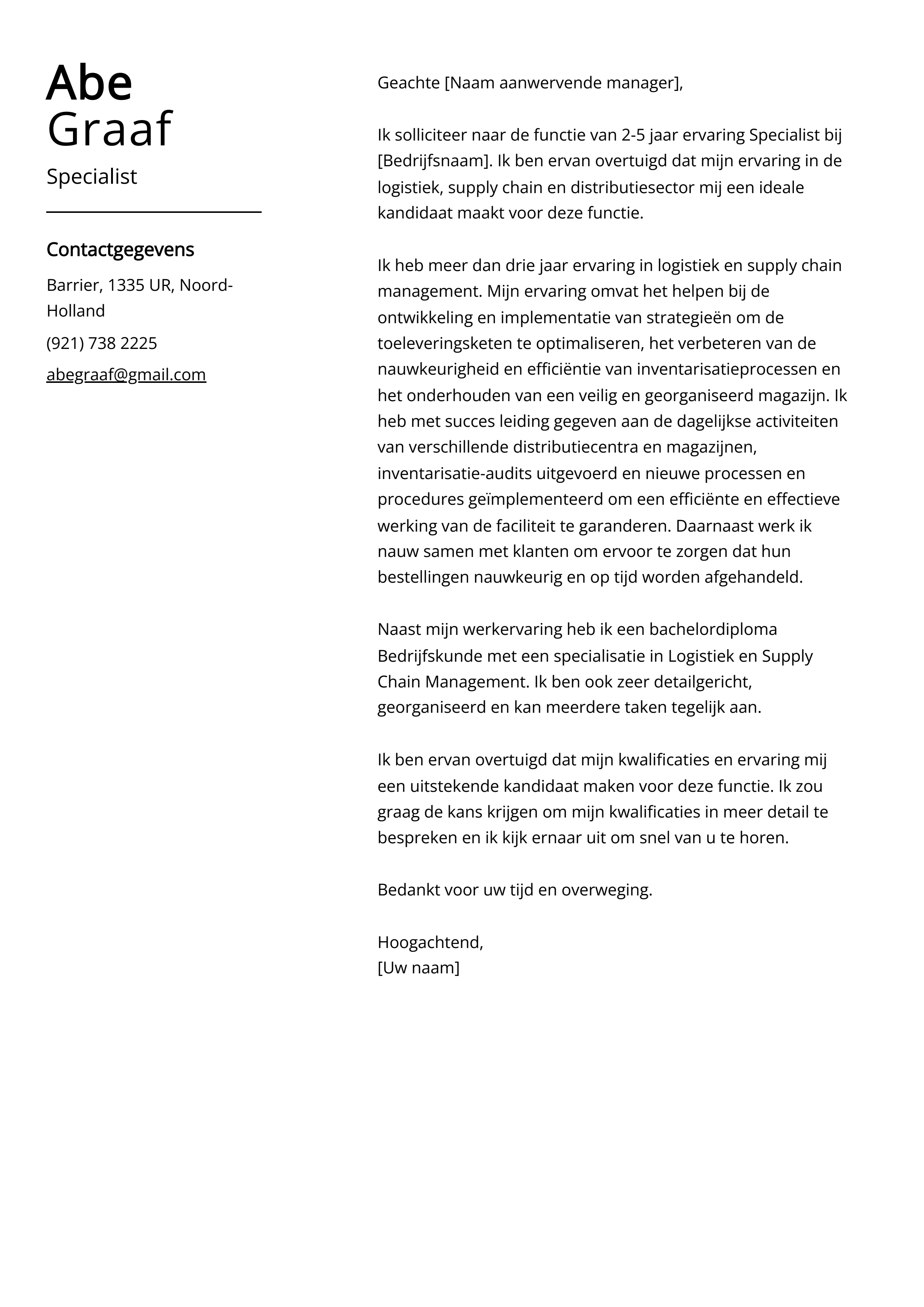 Specialist Voorbeeld sollicitatiebrief