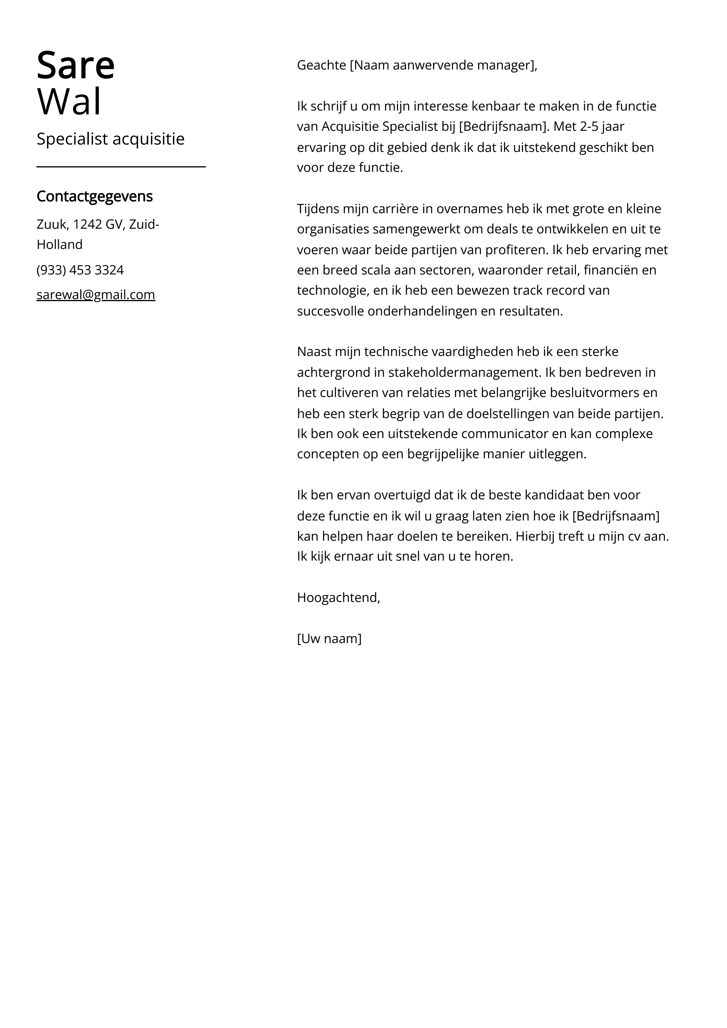 Specialist acquisitie sollicitatiebrief voorbeeld