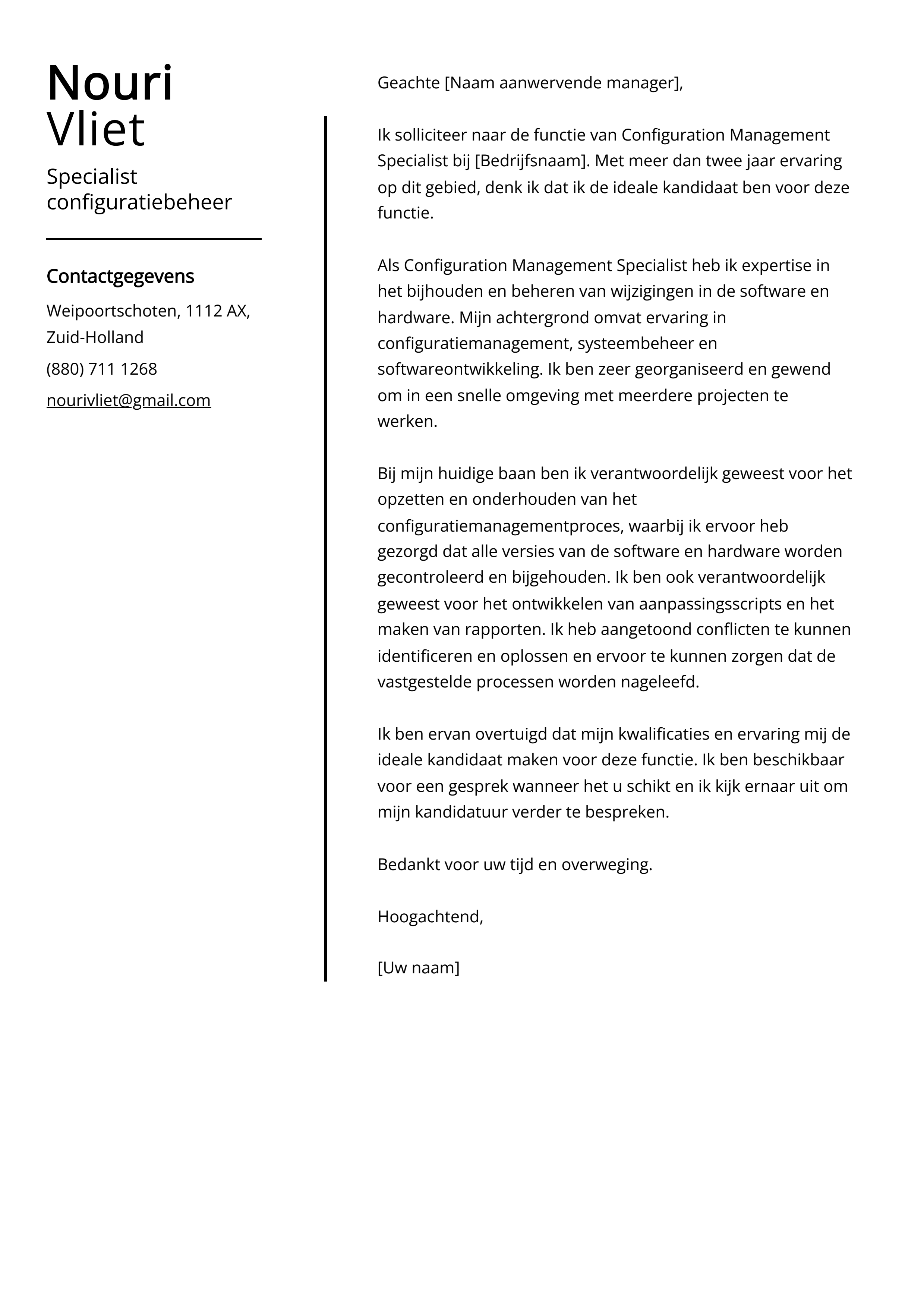 Specialist configuratiebeheer Cover Letter Voorbeeld