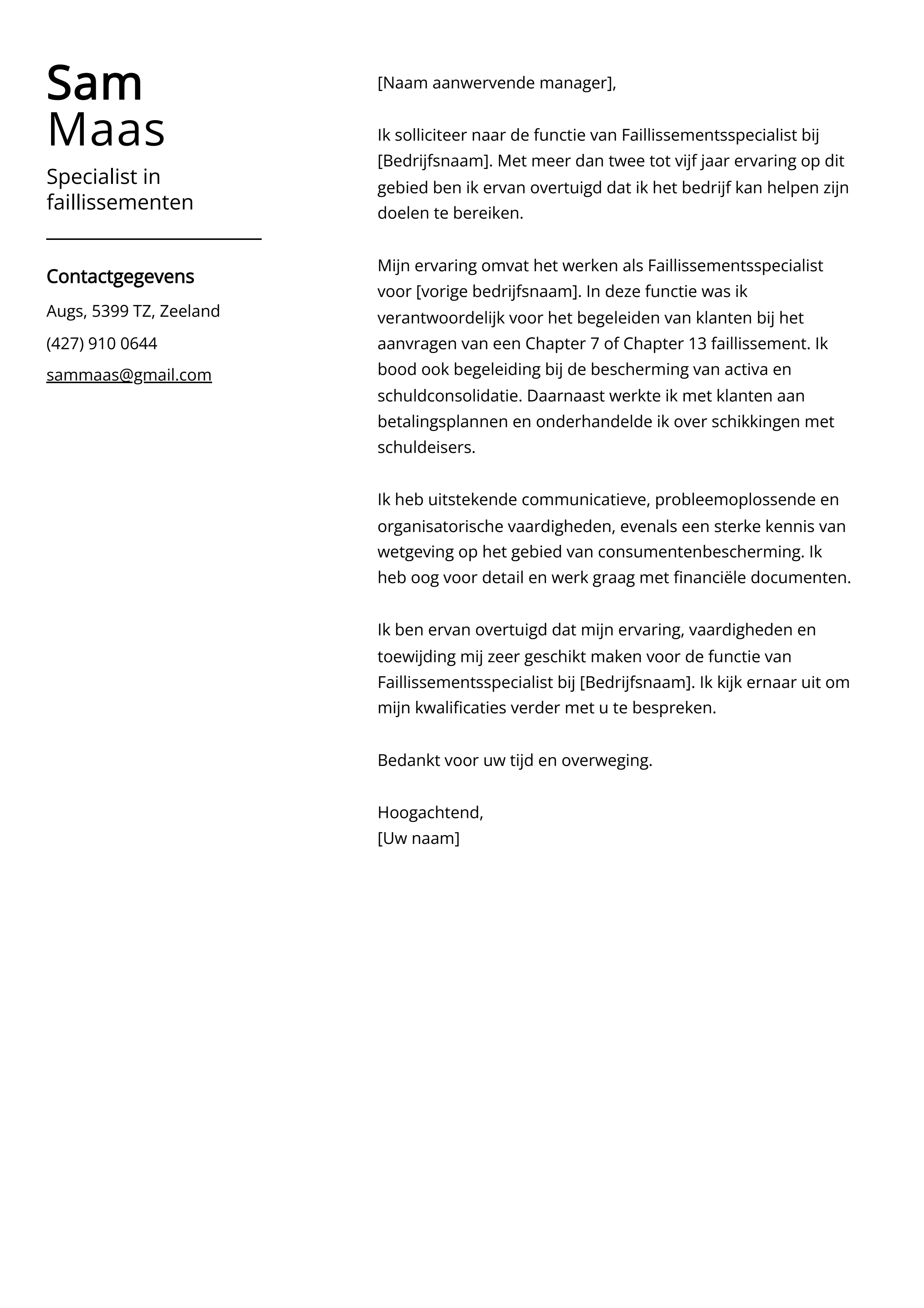 Specialist in faillissementen Cover Letter Voorbeeld