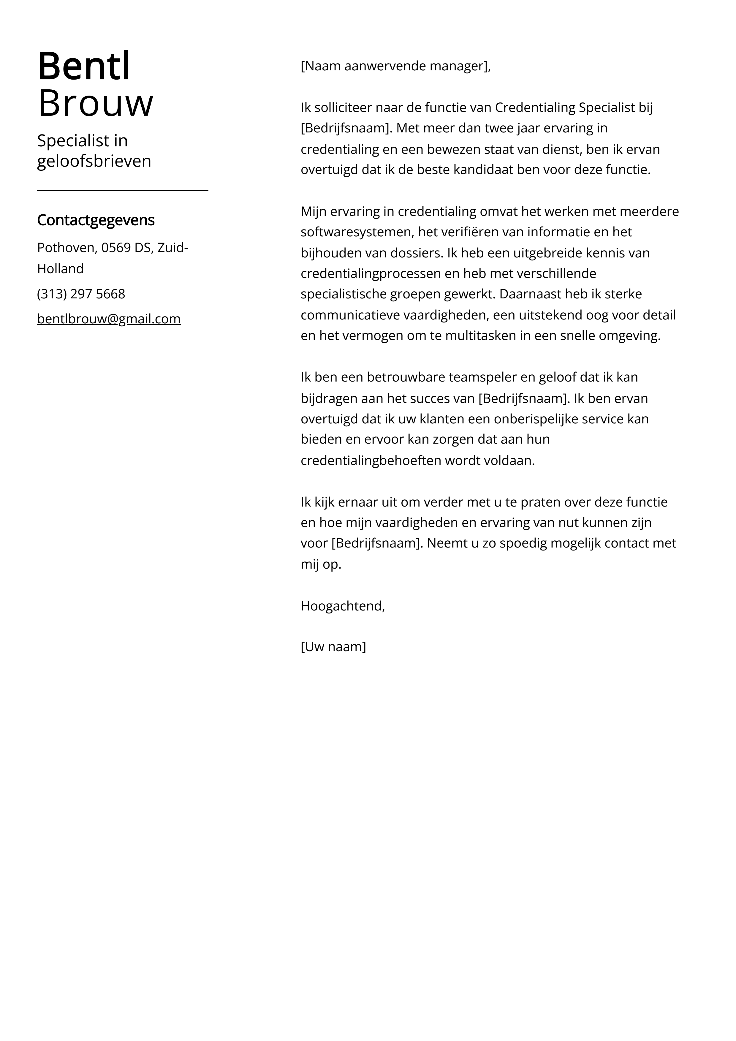 Specialist in geloofsbrieven Voorbeeld sollicitatiebrief