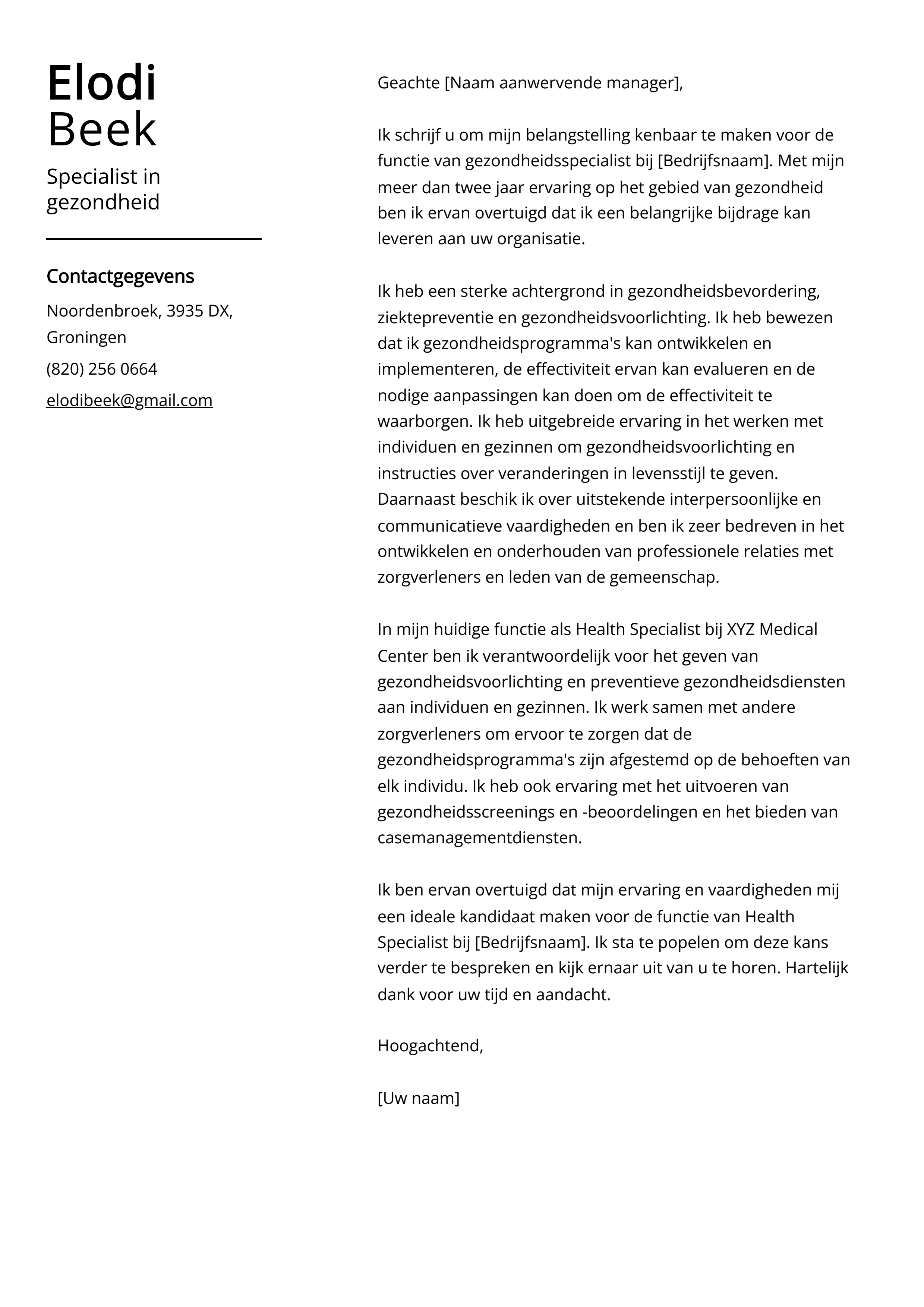 Specialist in gezondheid Cover Letter Voorbeeld