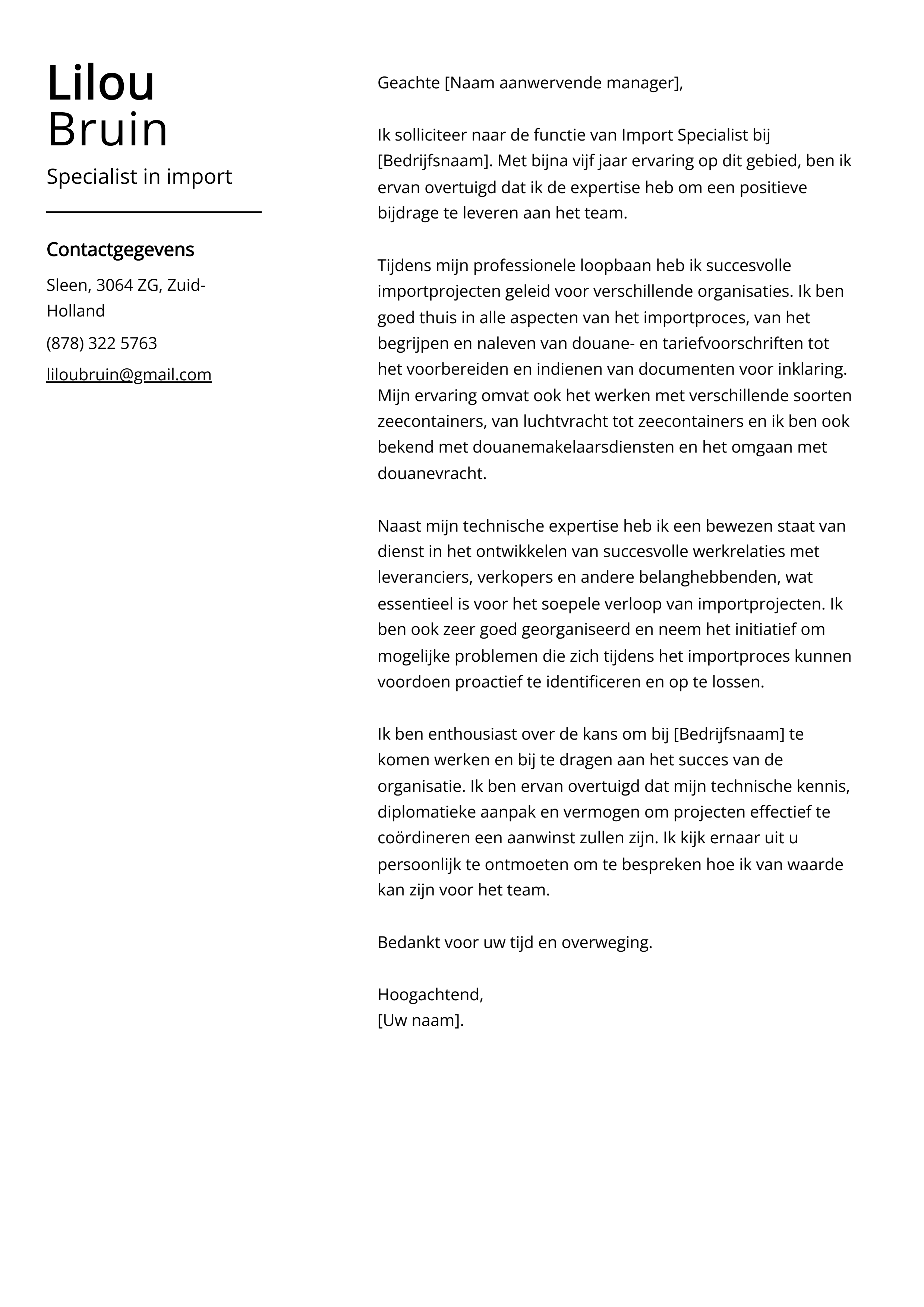 Specialist in import Cover Letter Voorbeeld