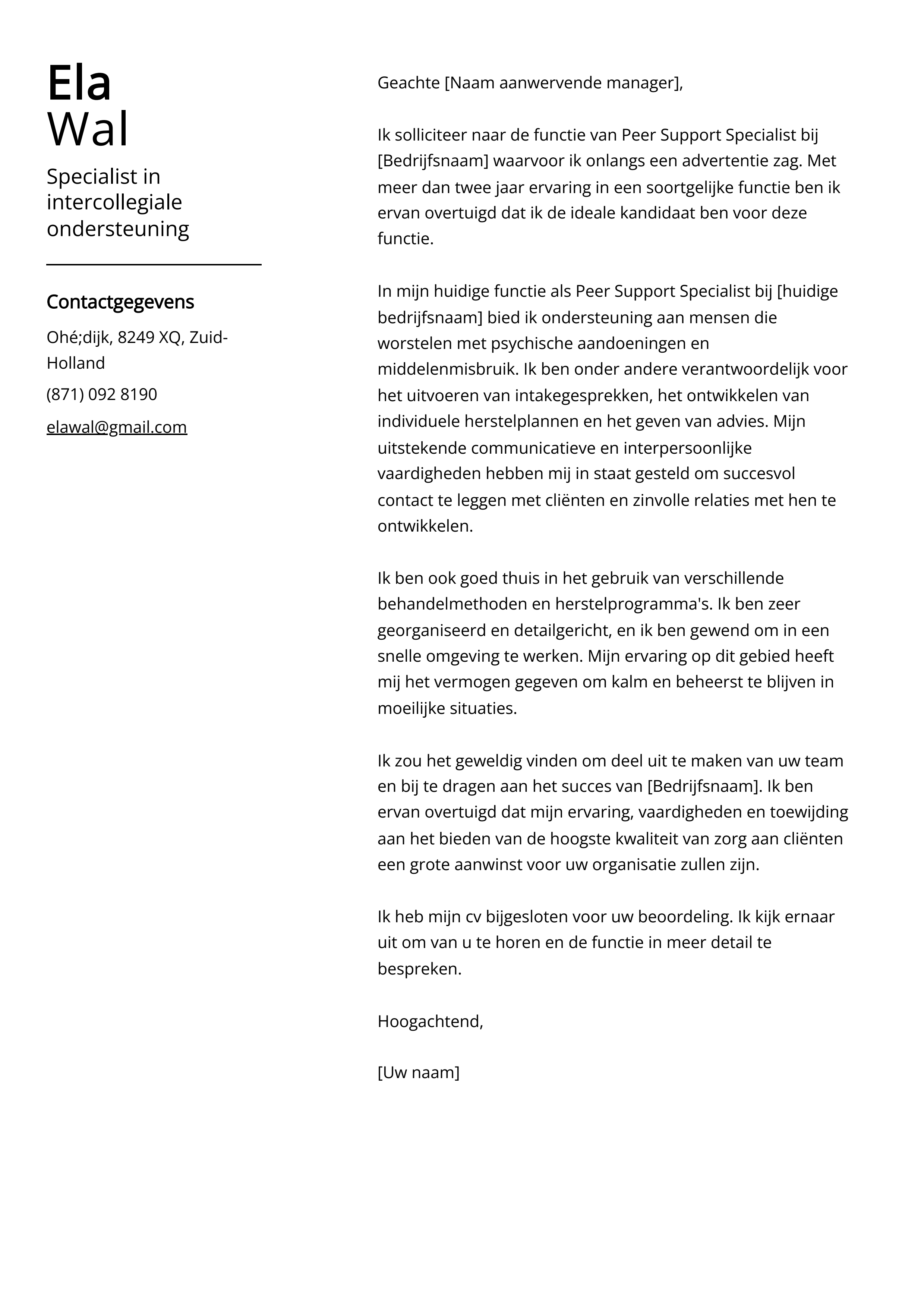 Specialist in intercollegiale ondersteuning Cover Letter Voorbeeld