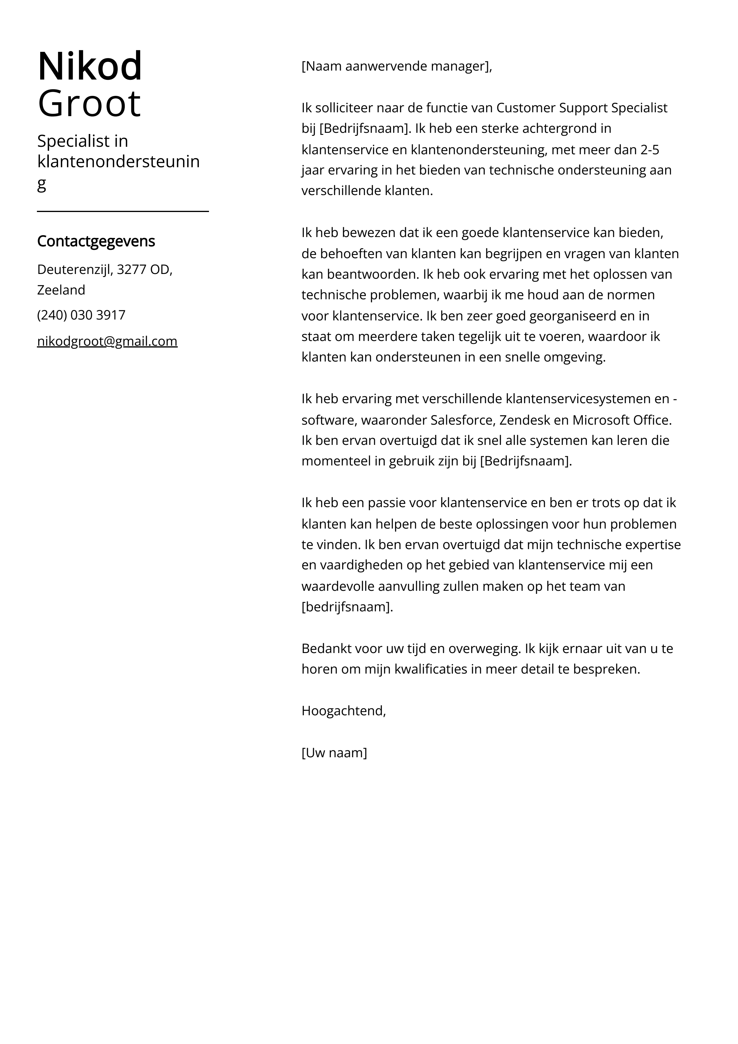 Specialist in klantenondersteuning Cover Letter Voorbeeld