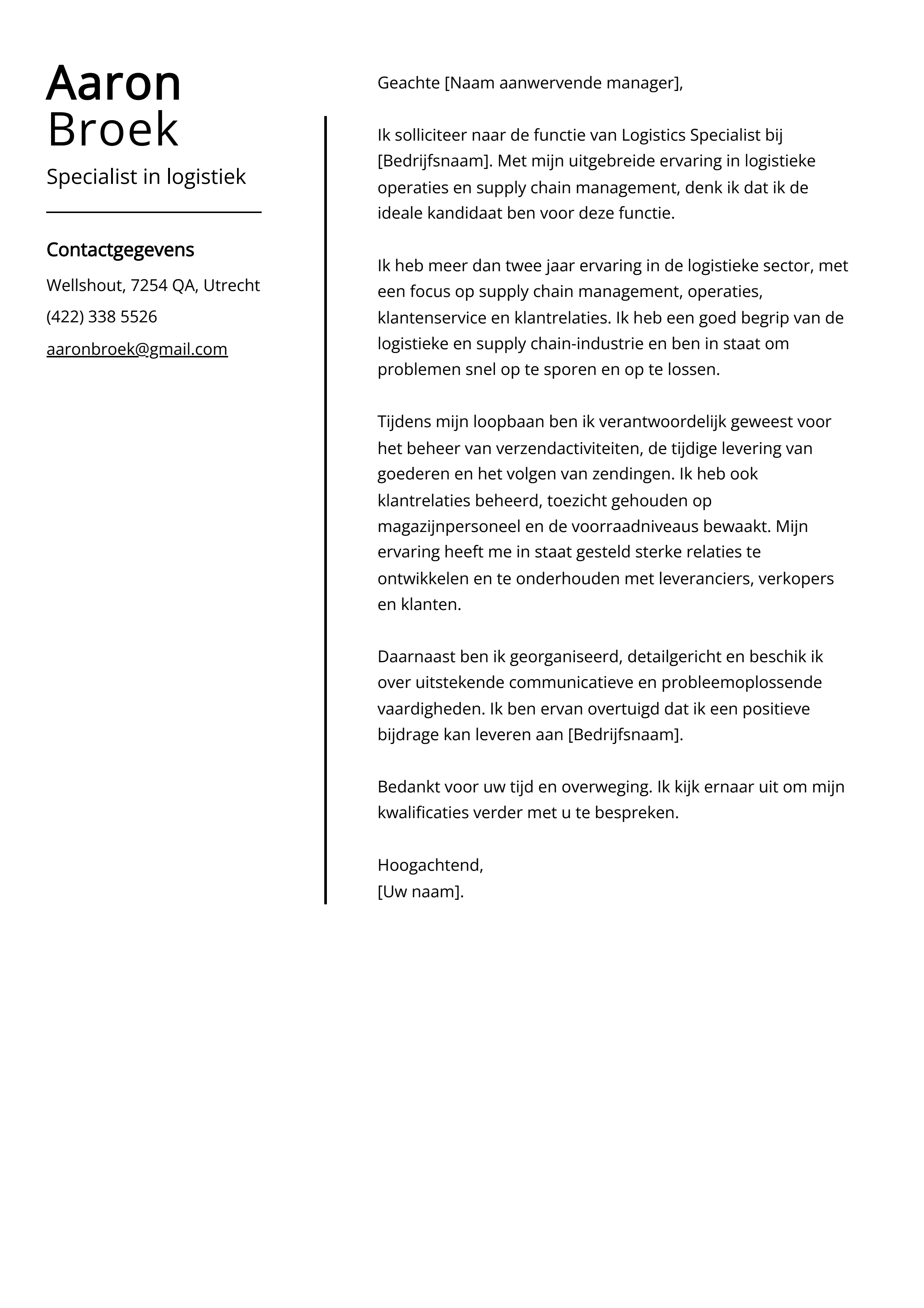 Specialist in logistiek Voorbeeld sollicitatiebrief