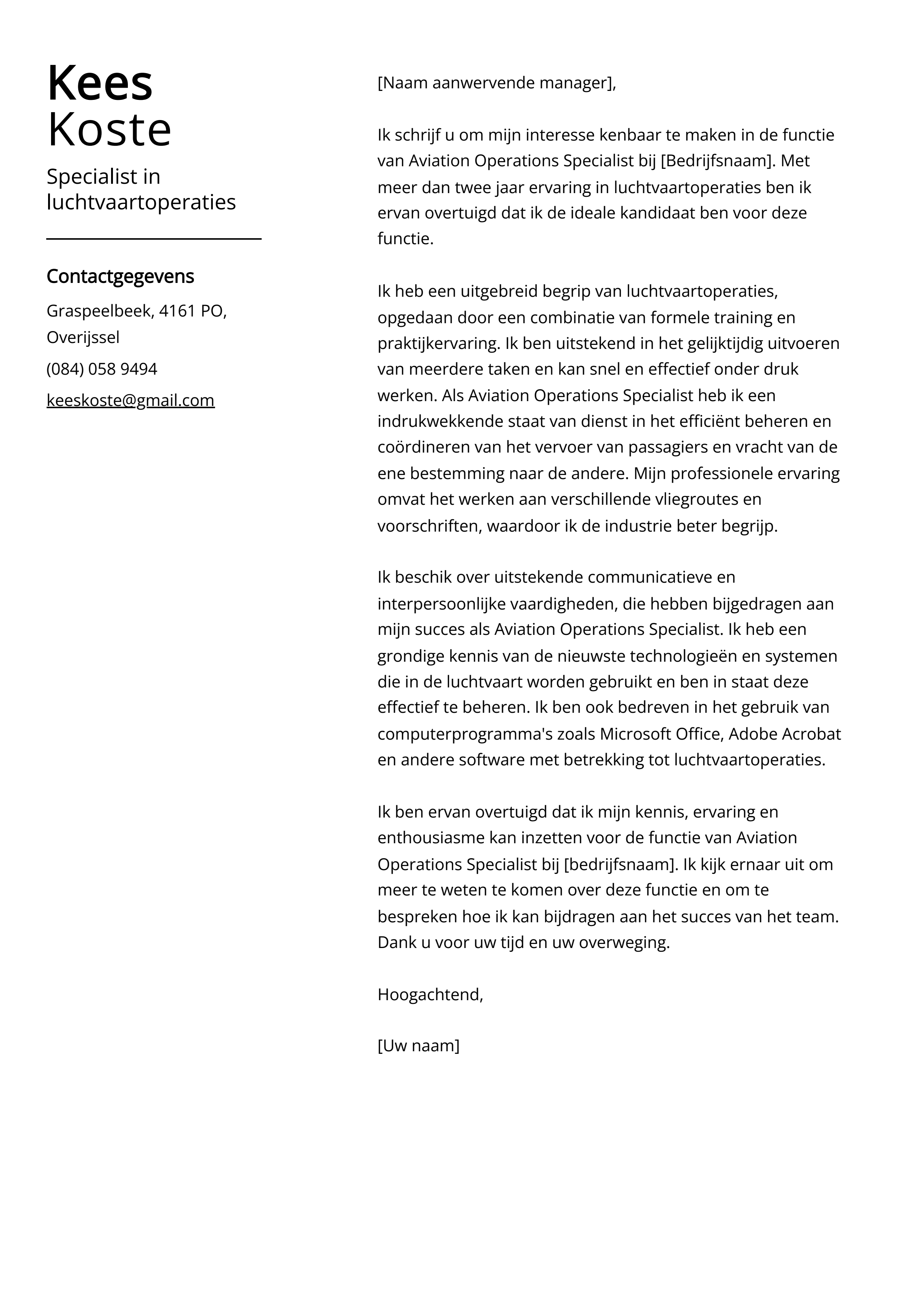 Specialist in luchtvaartoperaties Voorbeeld sollicitatiebrief