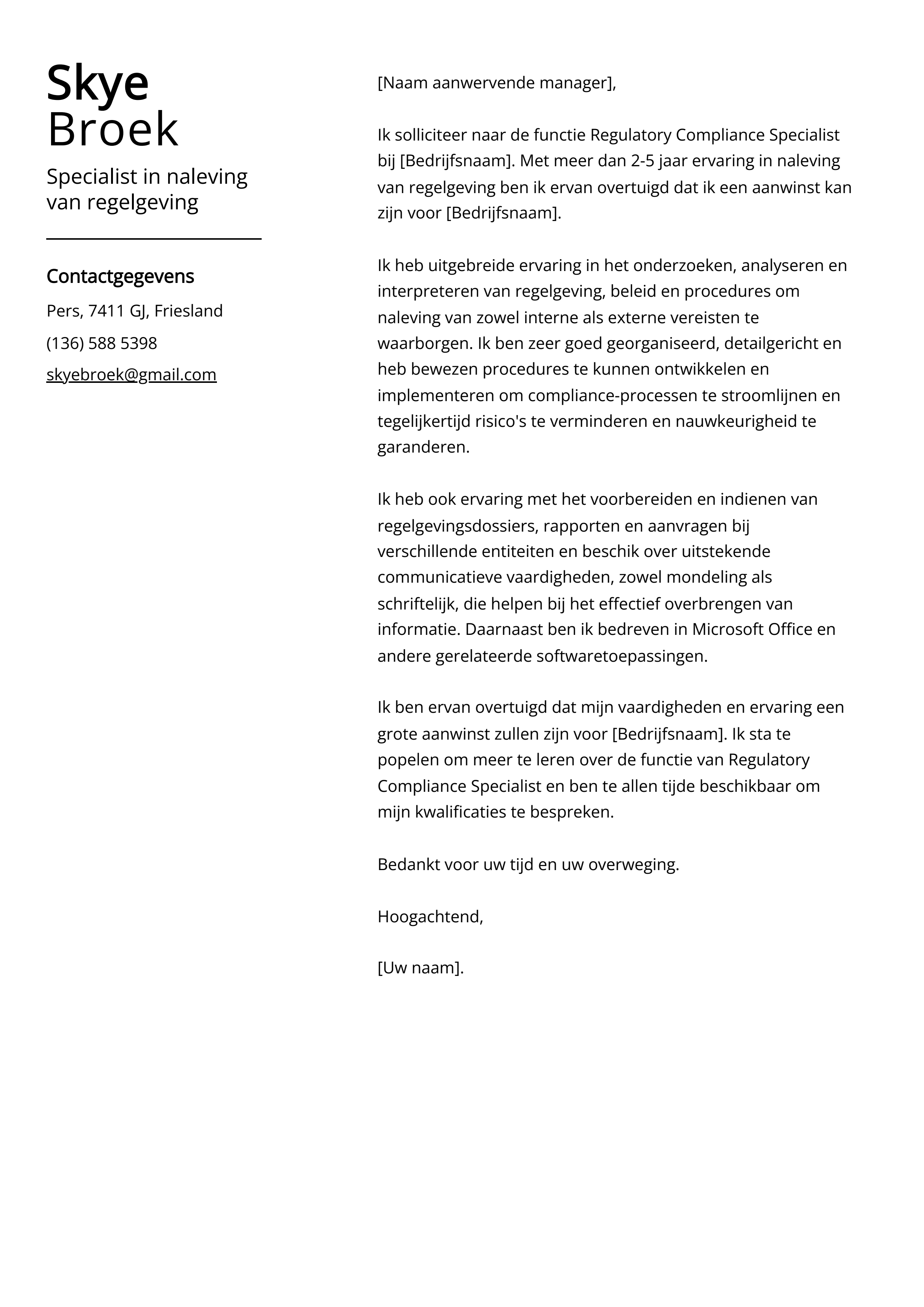 Specialist in naleving van regelgeving Cover Letter Voorbeeld