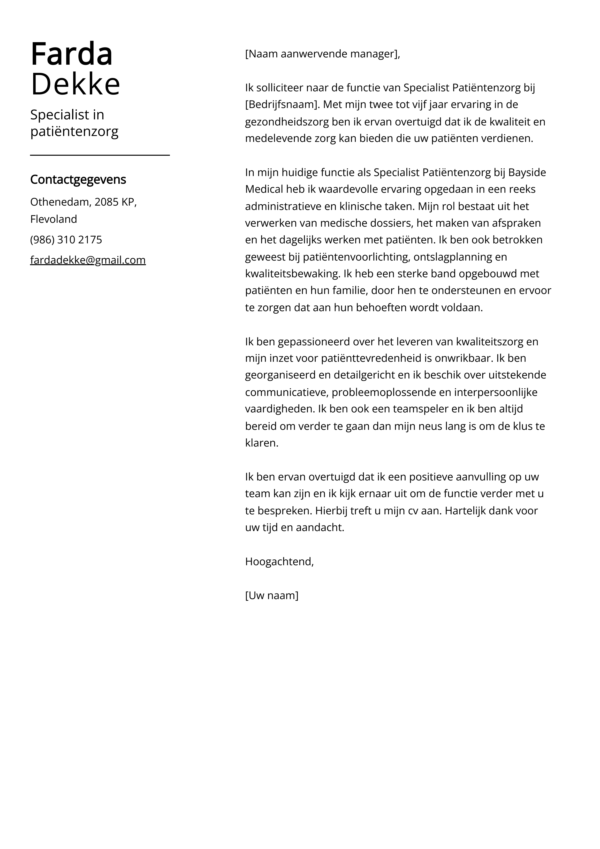 Specialist in patiëntenzorg Cover Letter Voorbeeld