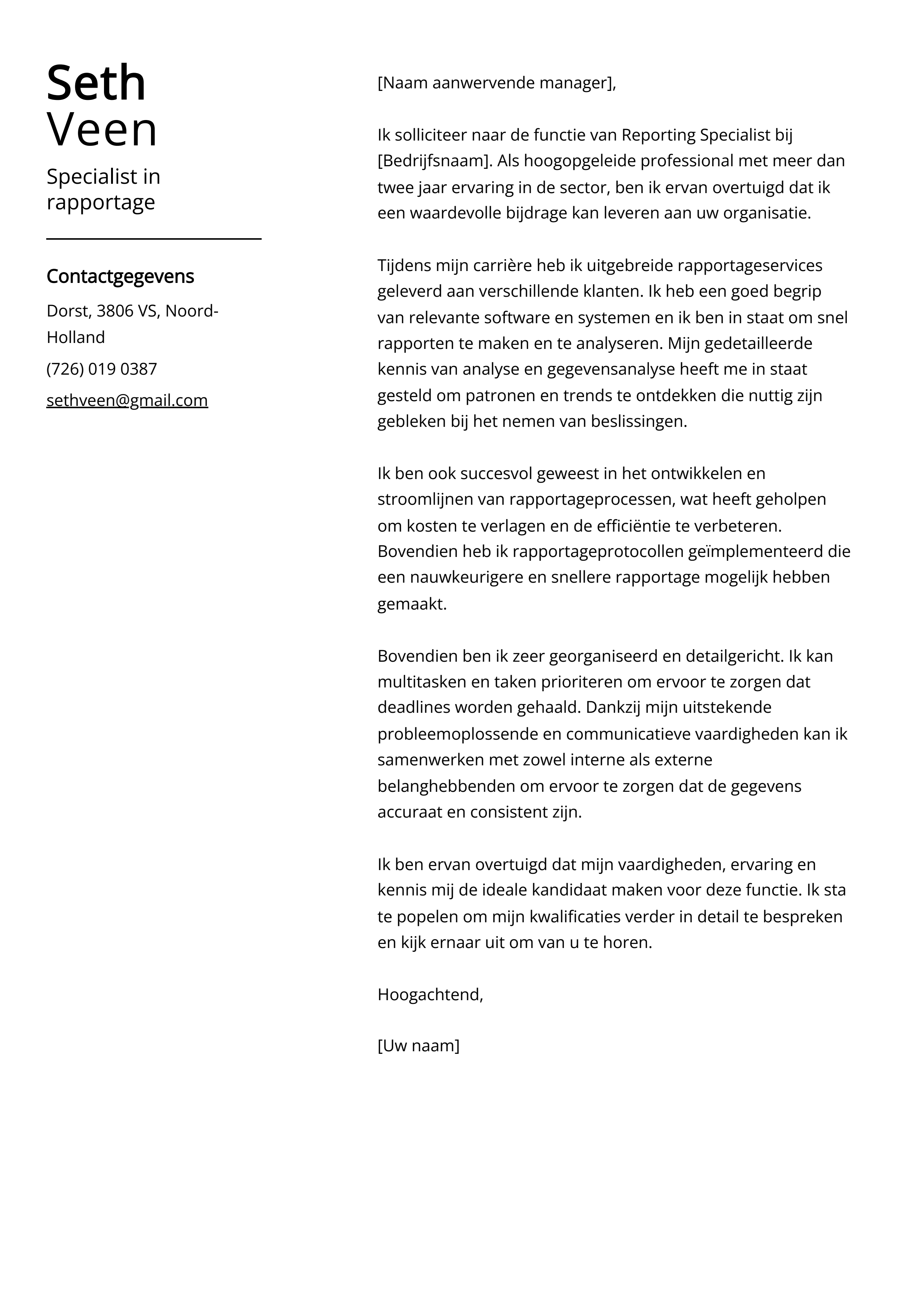 Specialist in rapportage Cover Letter Voorbeeld