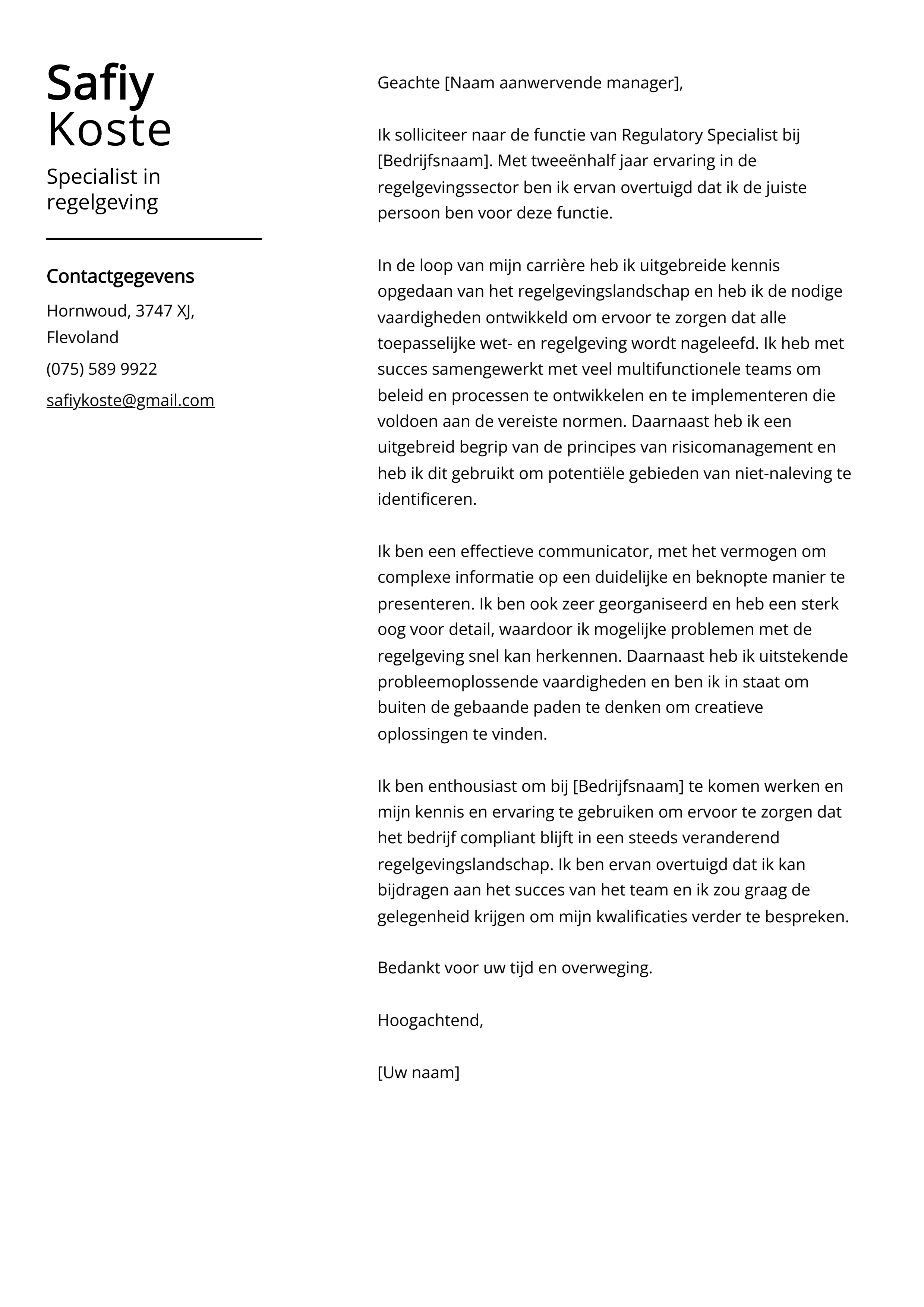 Specialist in regelgeving Cover Letter Voorbeeld