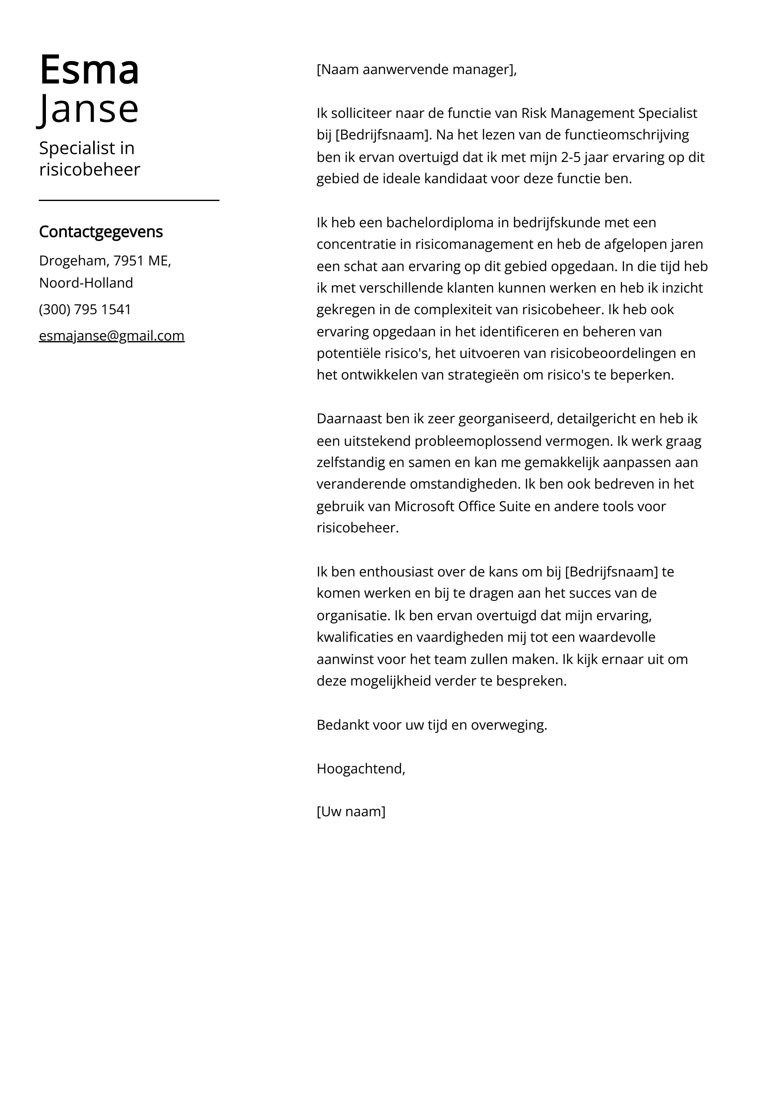 Specialist in risicobeheer Cover Letter Voorbeeld