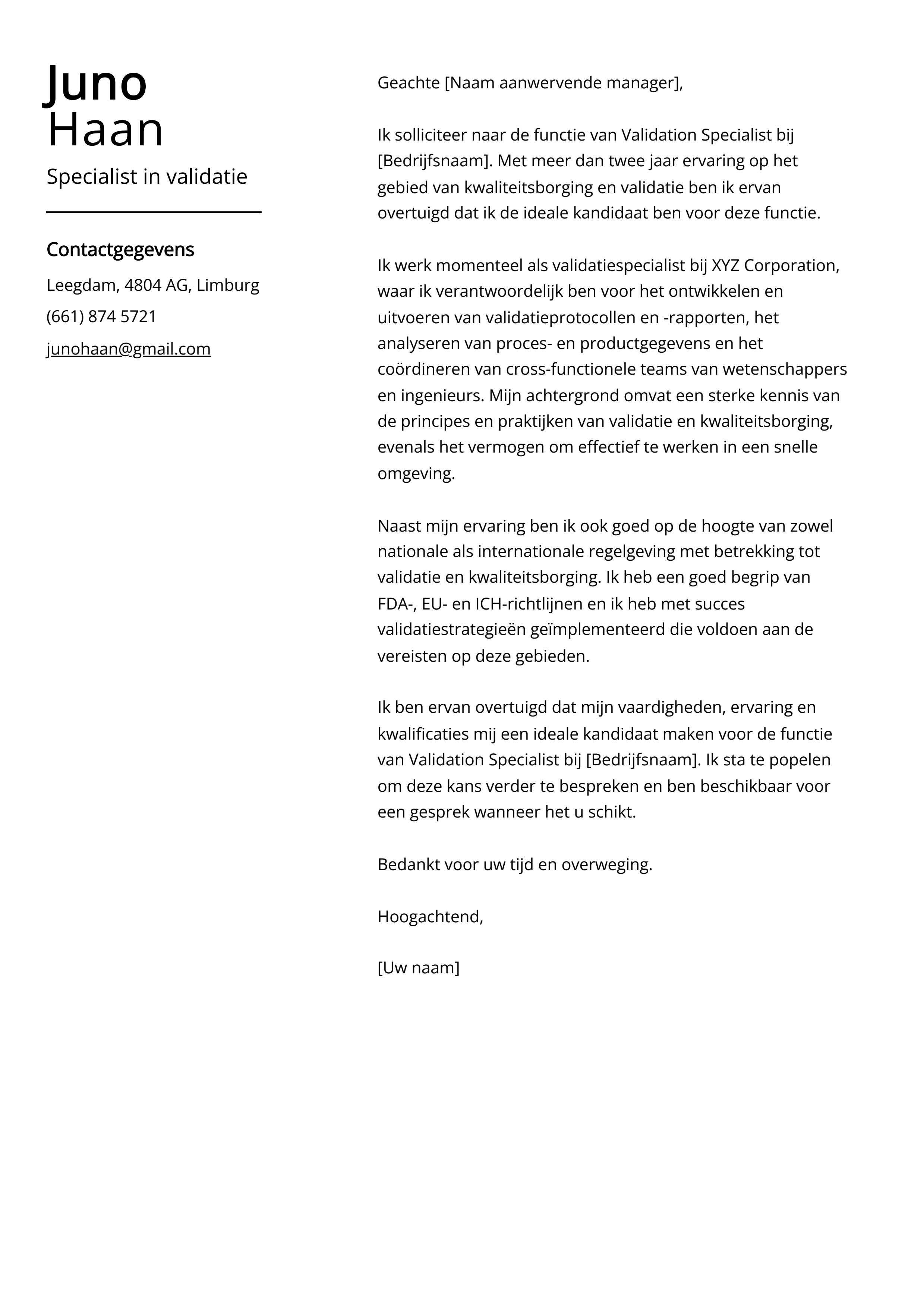 Specialist in validatie Cover Letter Voorbeeld