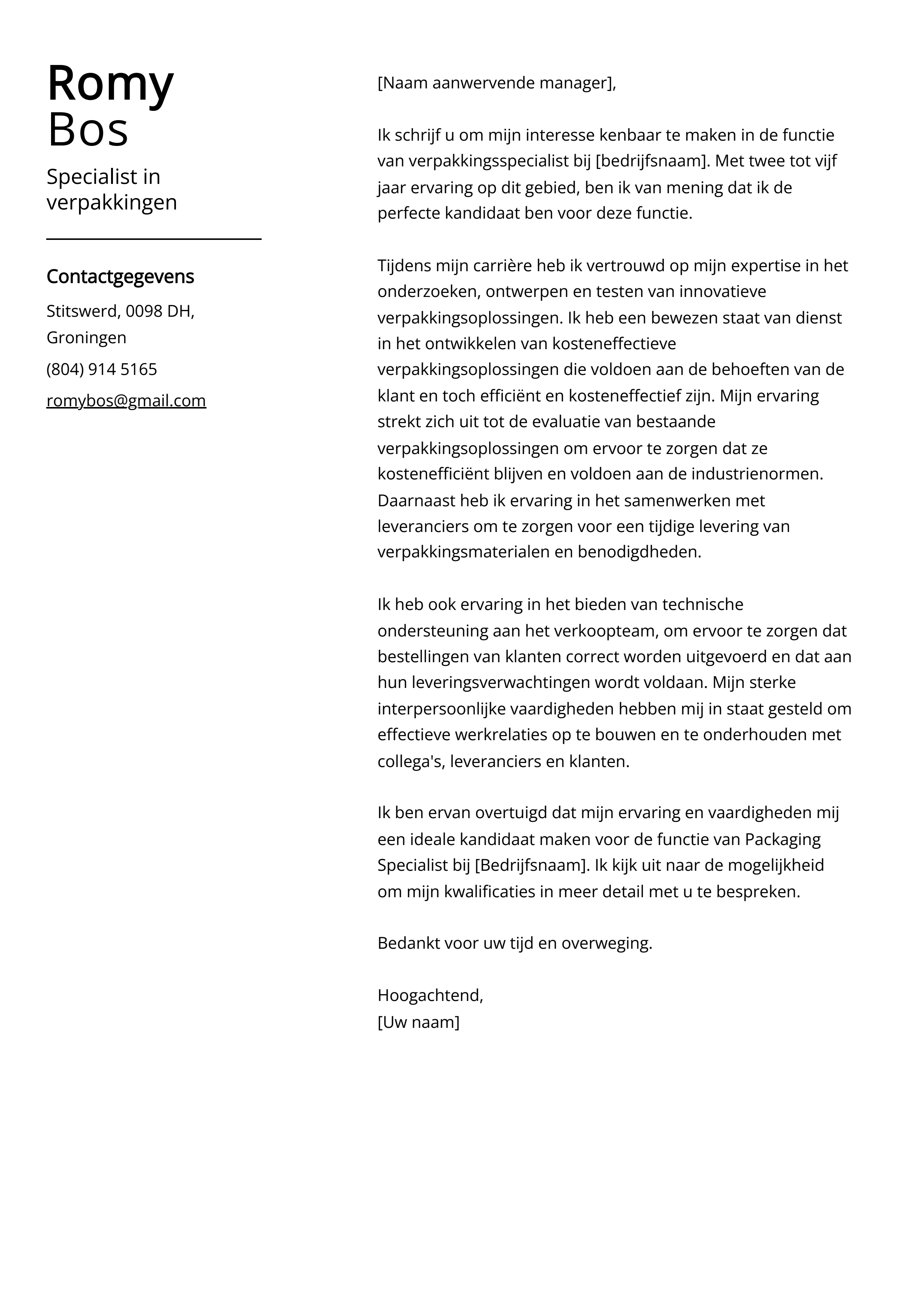 Specialist in verpakkingen Cover Letter Voorbeeld