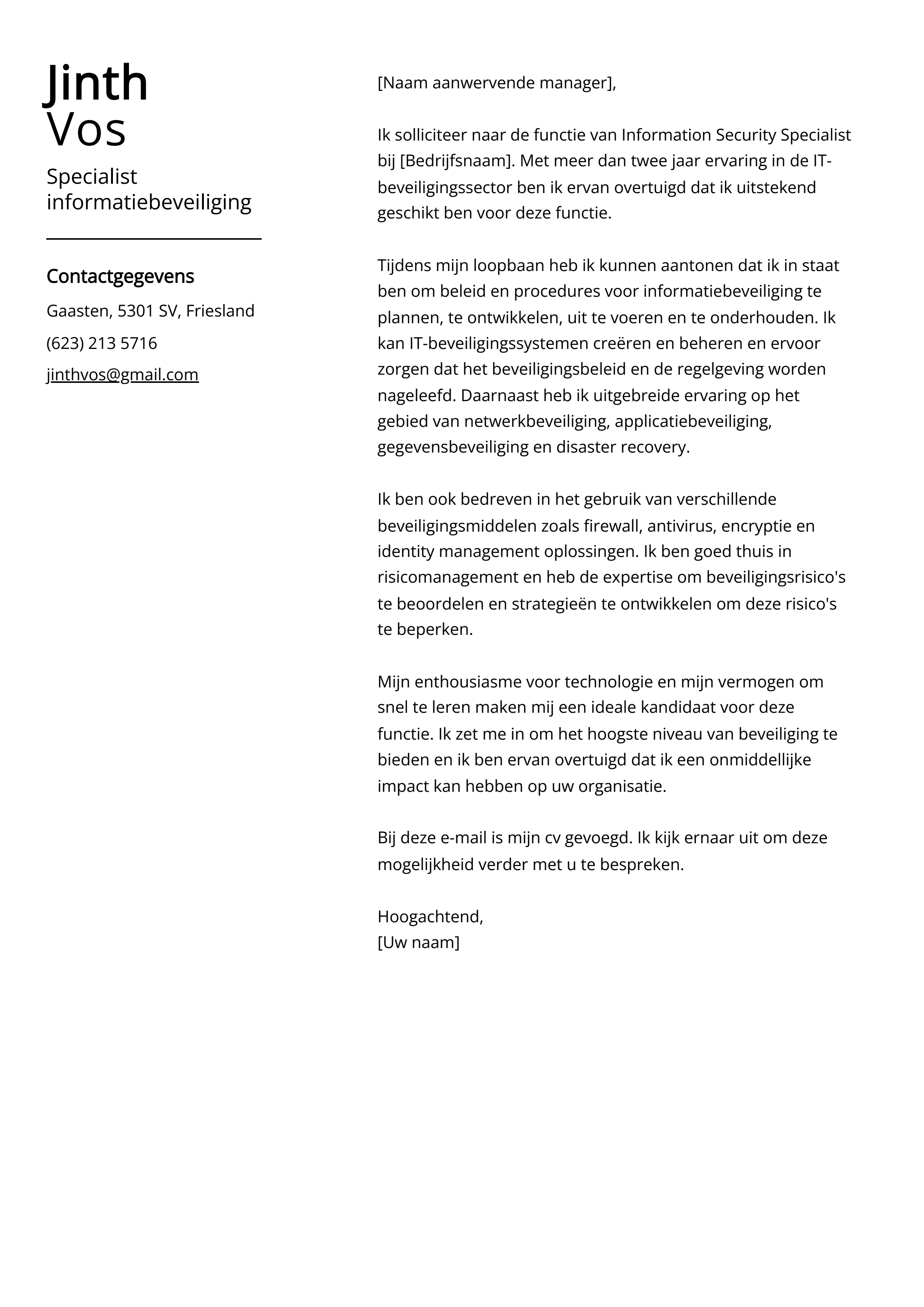 Specialist informatiebeveiliging Cover Letter Voorbeeld