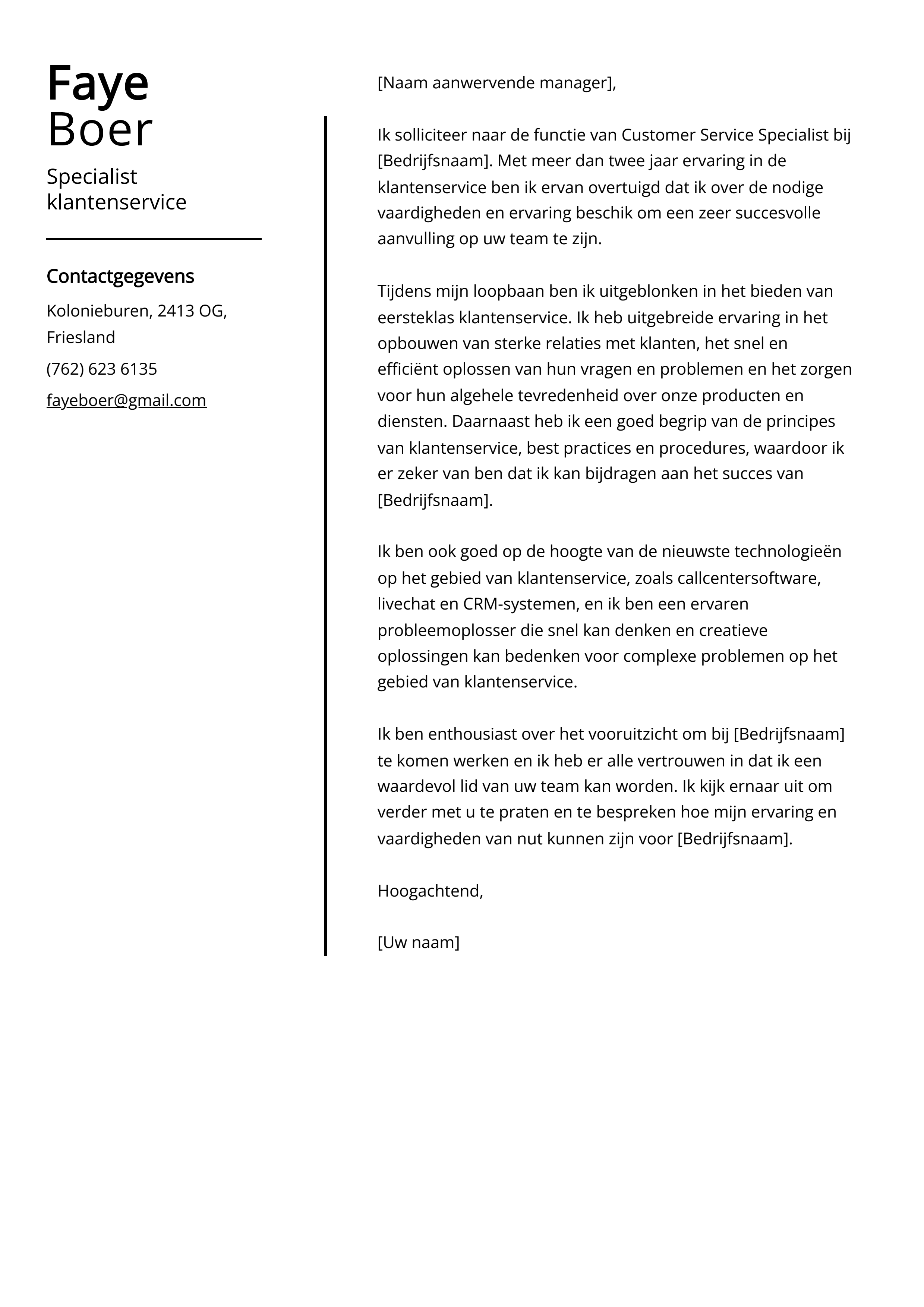 Specialist klantenservice Cover Letter Voorbeeld