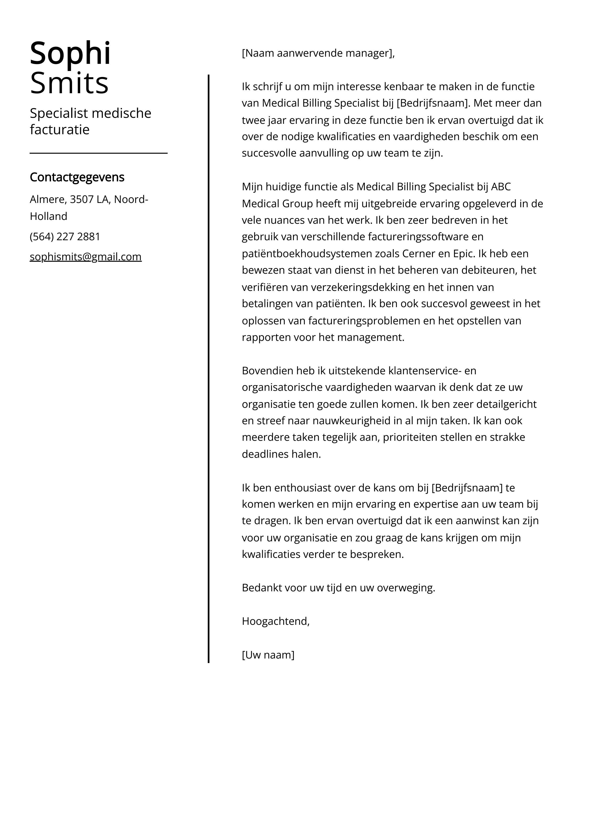 Specialist medische facturatie Cover Letter Voorbeeld