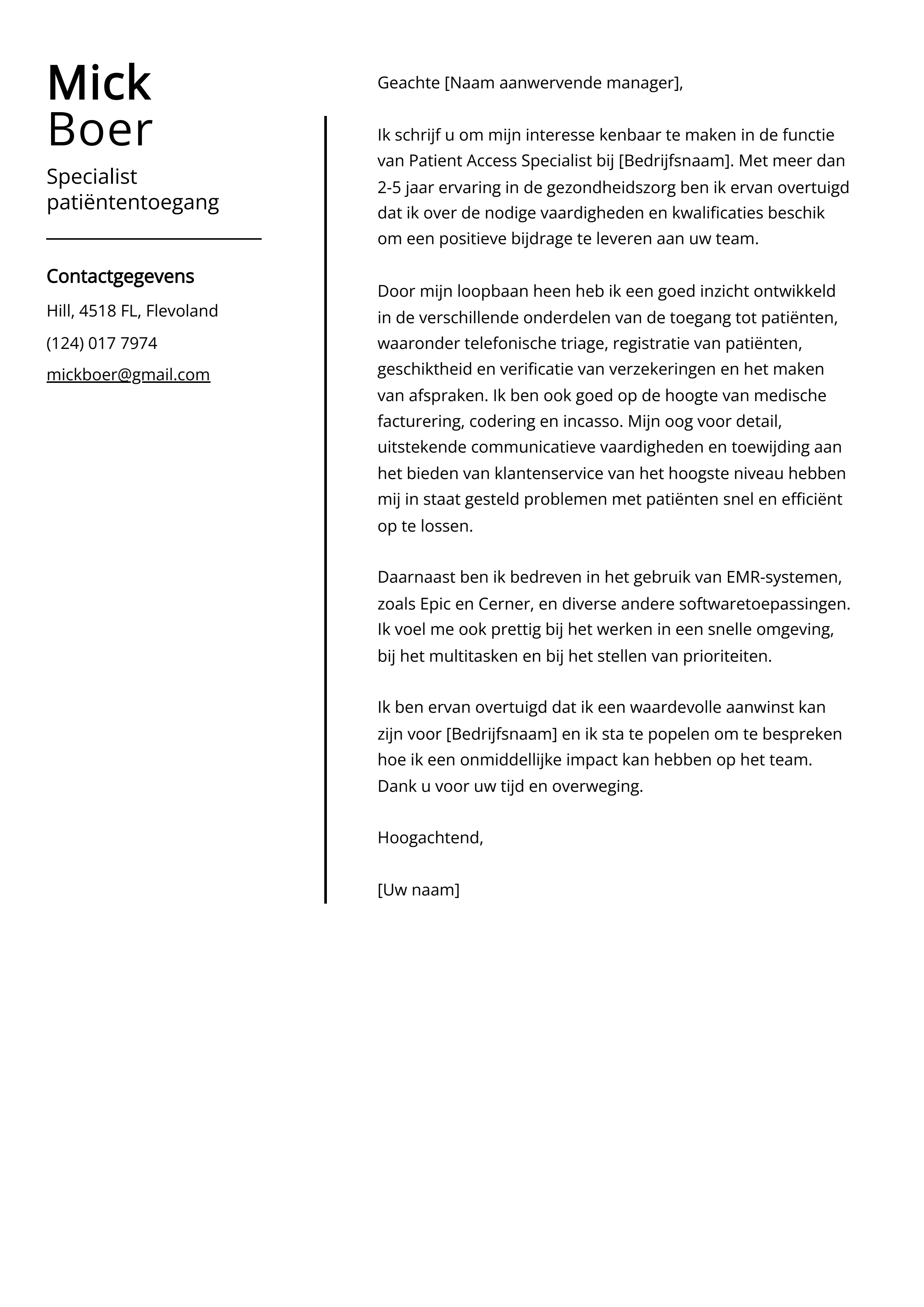 Specialist patiëntentoegang Cover Letter Voorbeeld