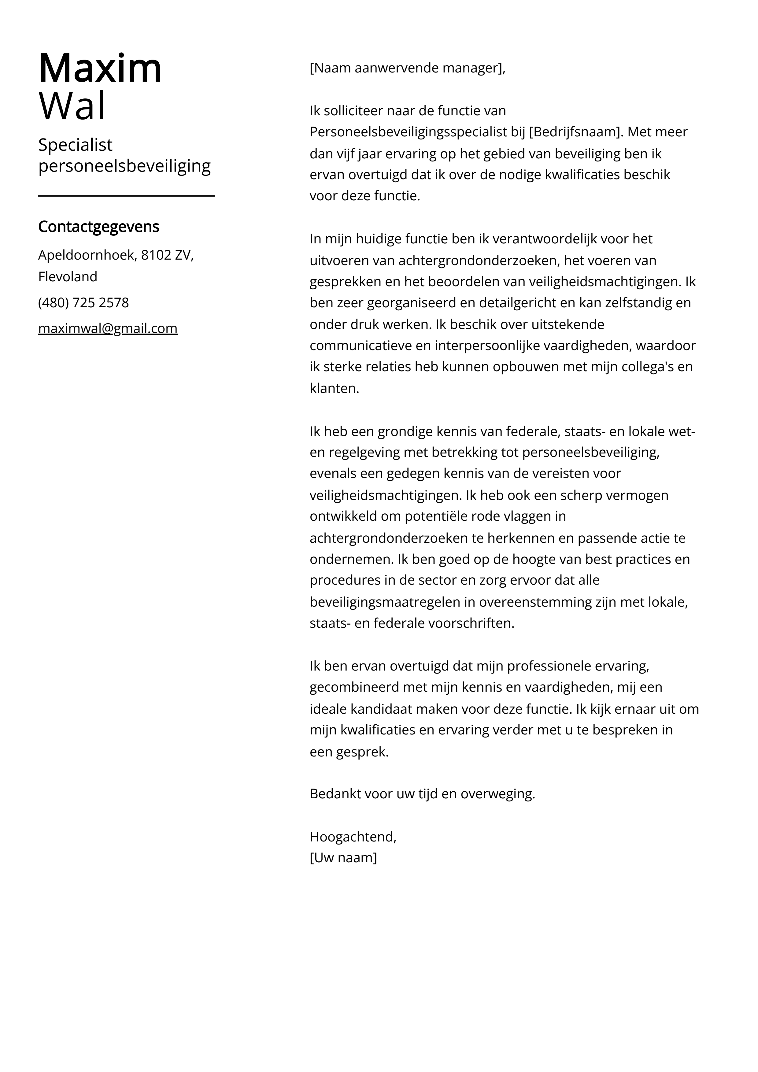 Specialist personeelsbeveiliging Cover Letter Voorbeeld