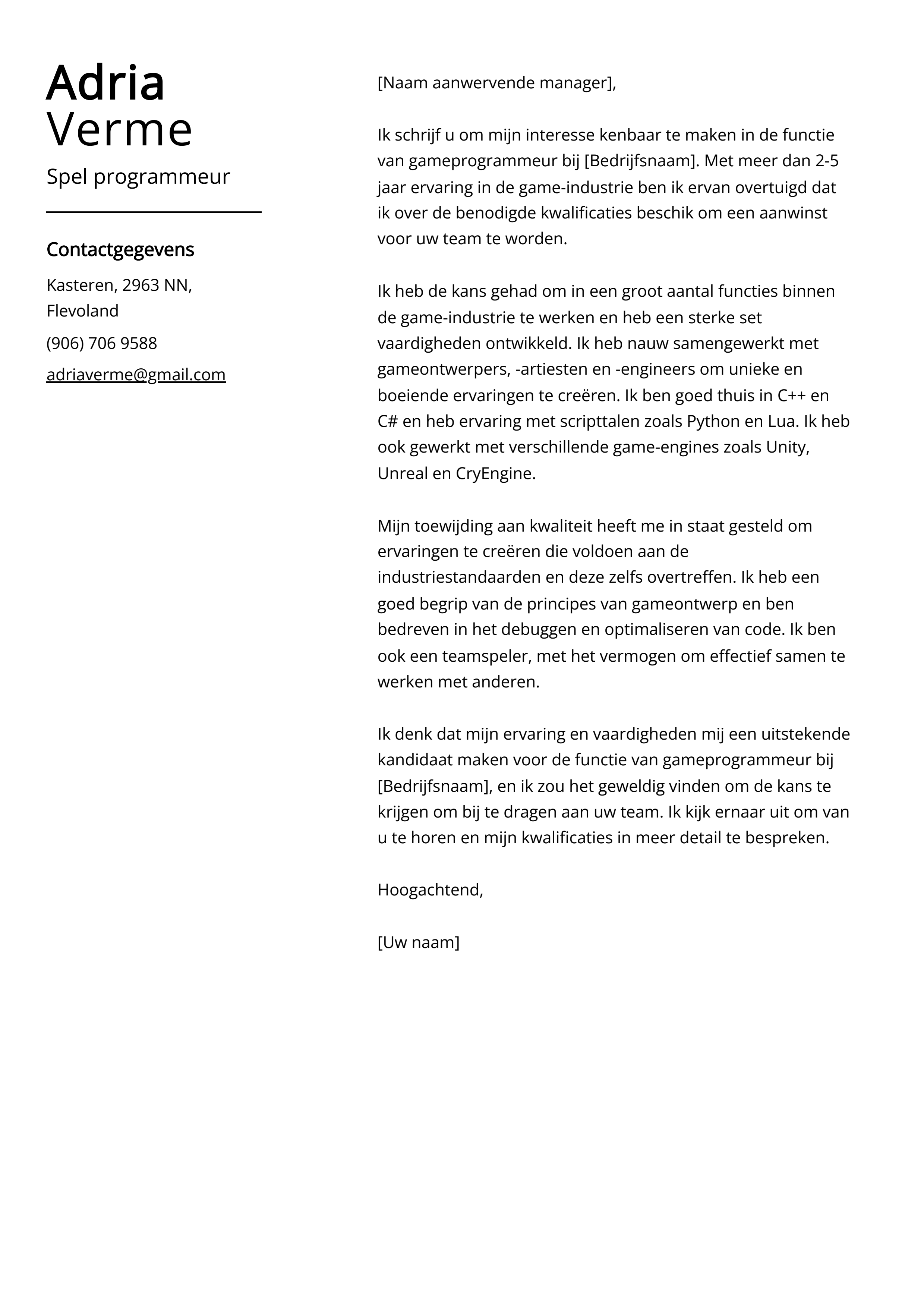 Spel programmaur Voorbeeld sollicitatiebrief