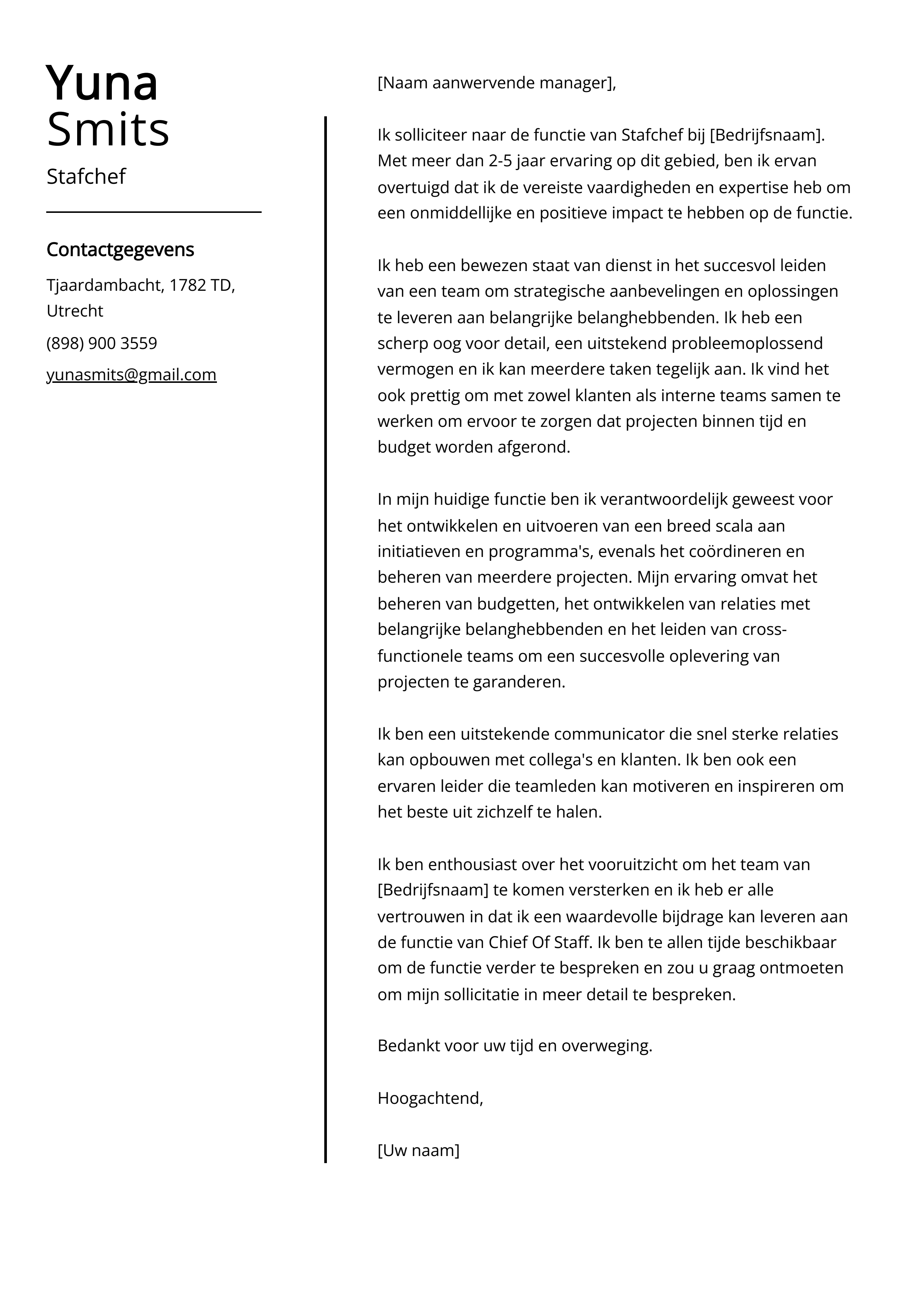 Stafchef sollicitatiebrief voorbeeld