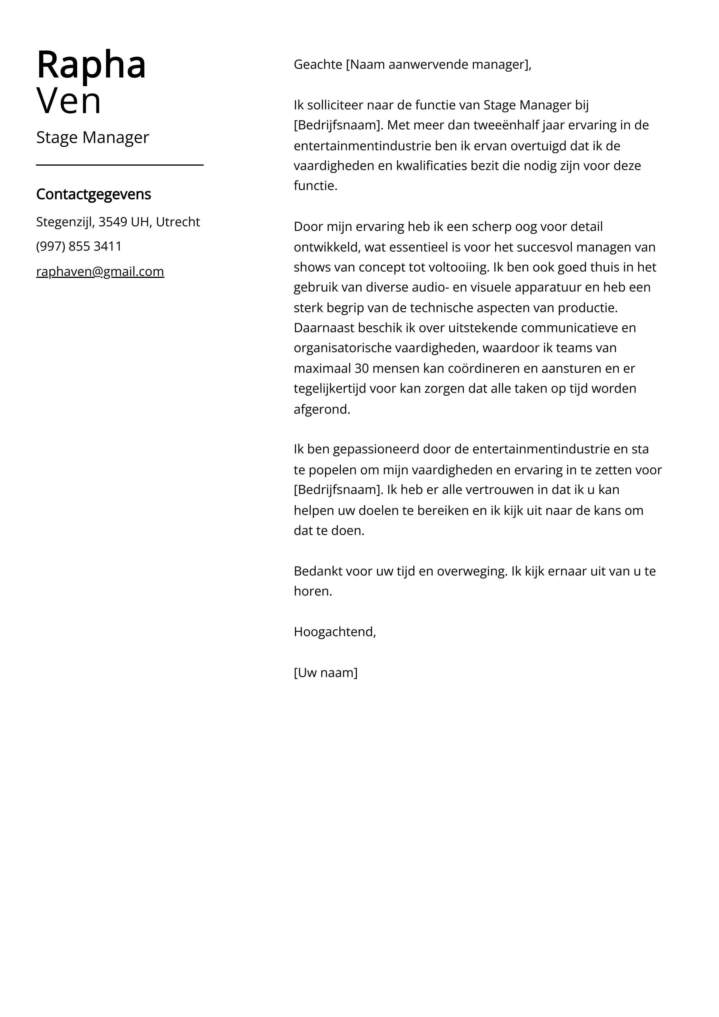 Stage Manager Voorbeeld sollicitatiebrief