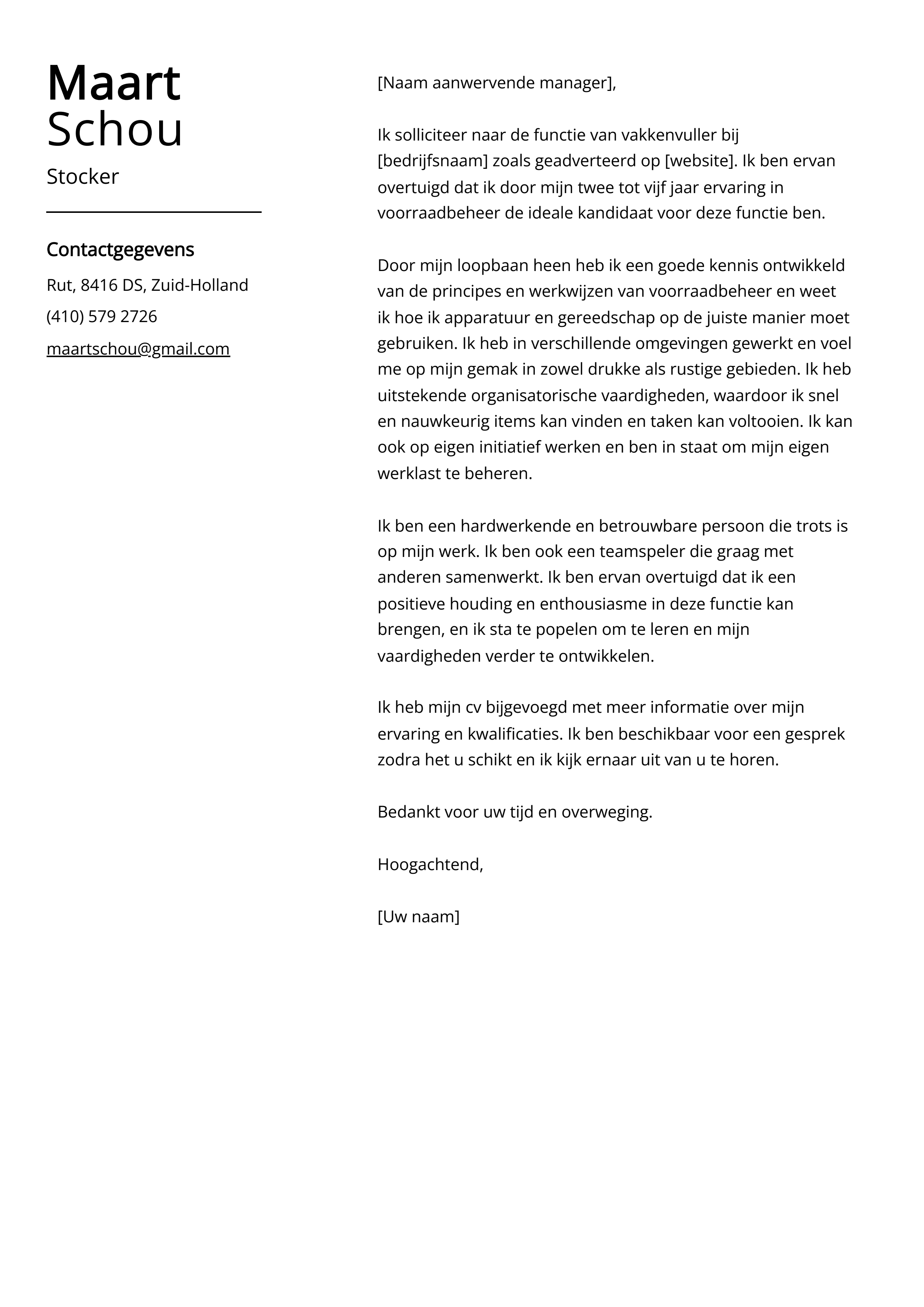 Stocker Voorbeeld sollicitatiebrief