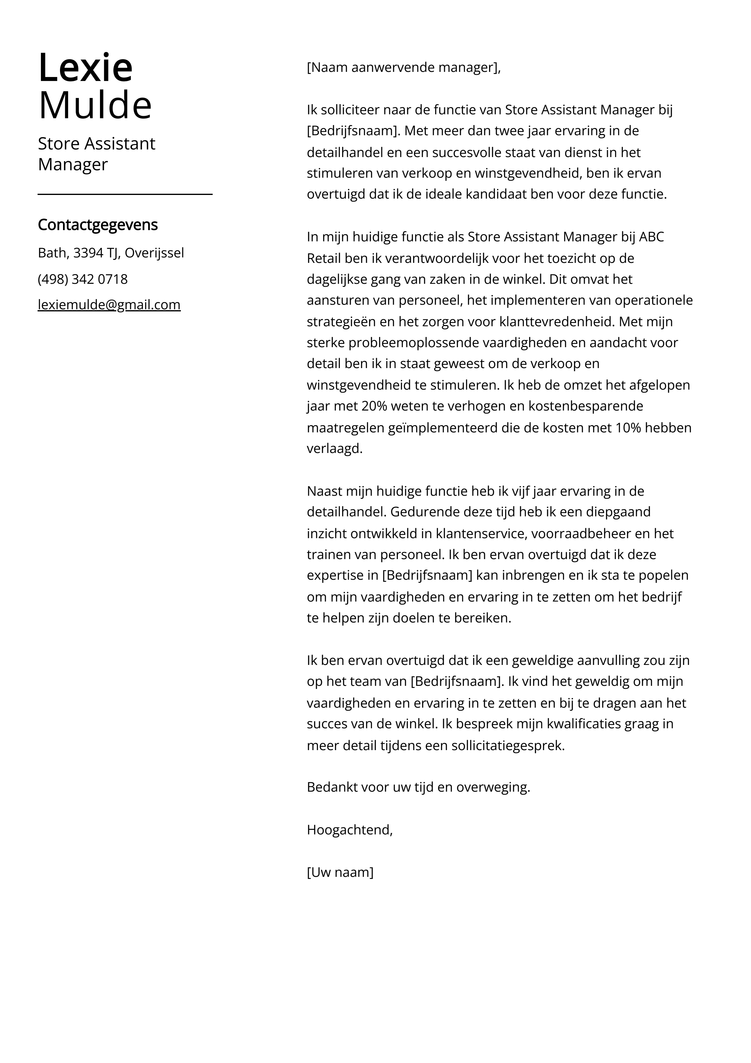 Store Assistant Manager Voorbeeld sollicitatiebrief