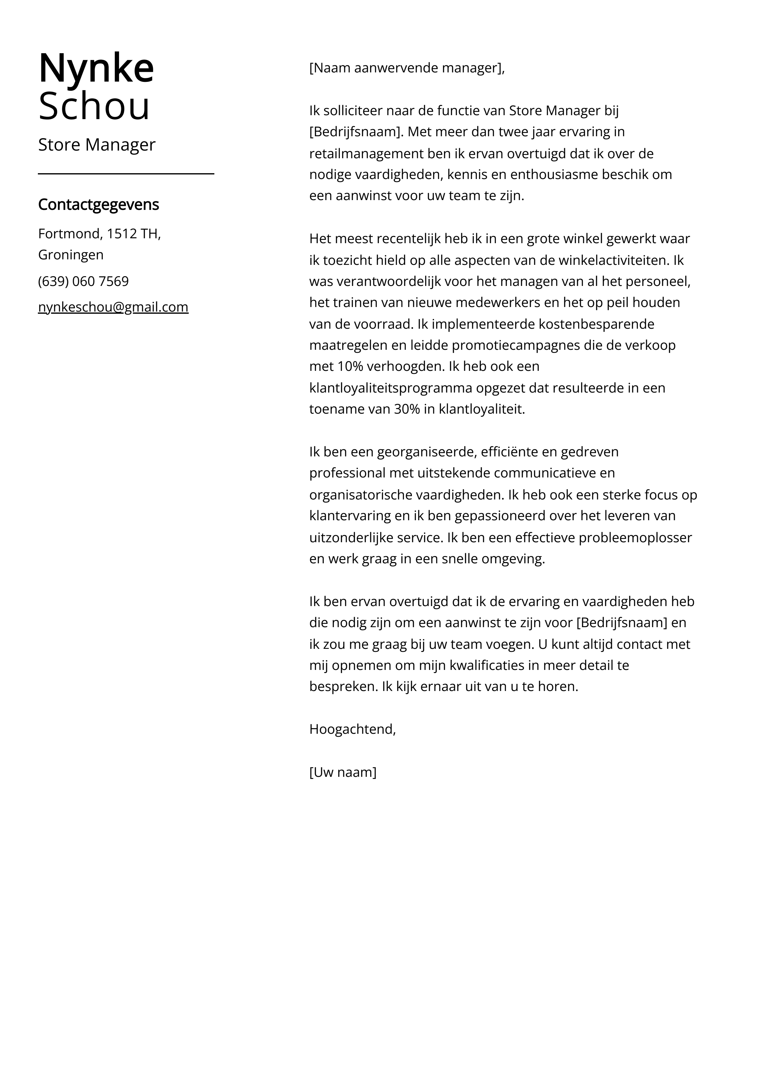 Store Manager Voorbeeld sollicitatiebrief