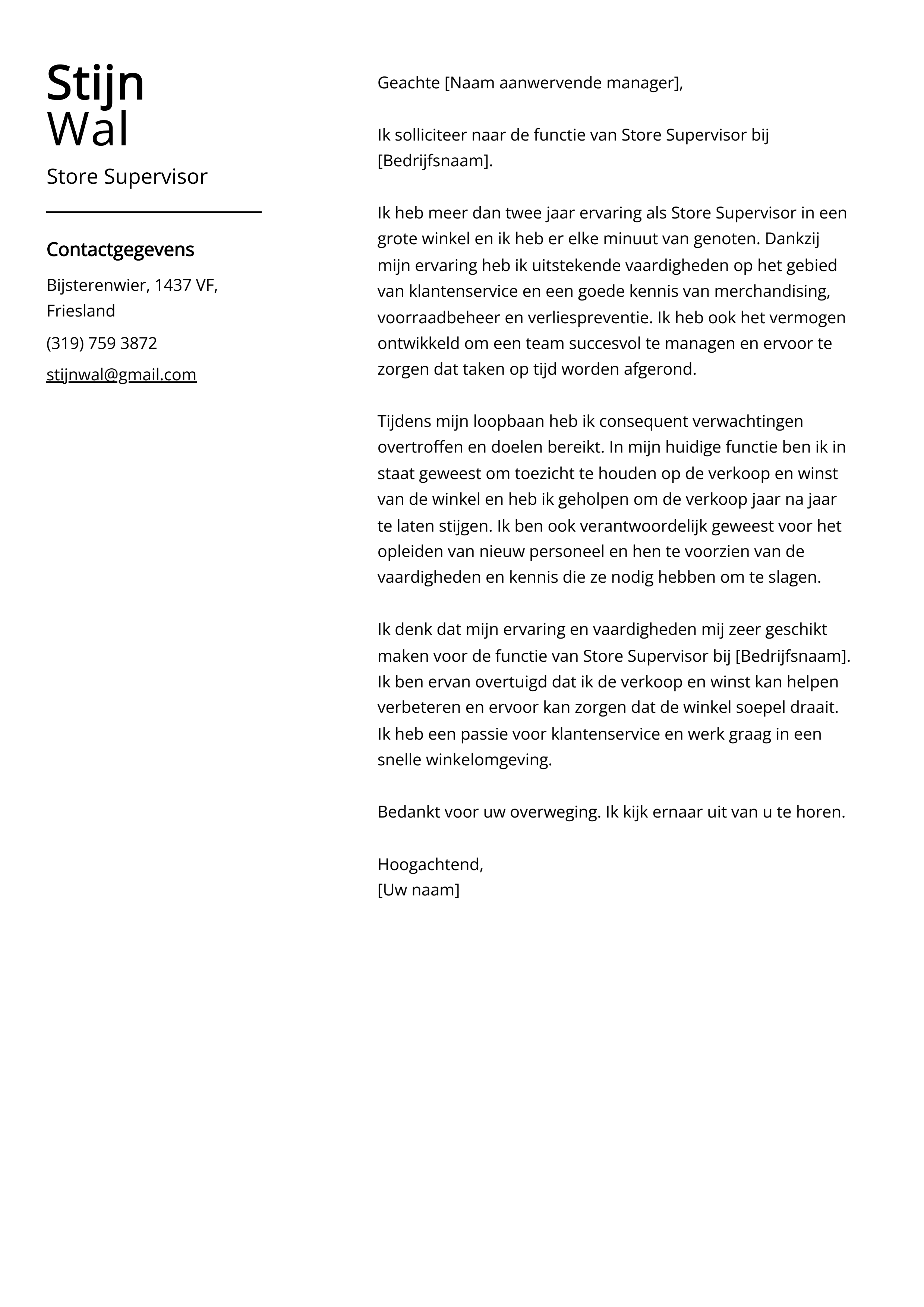 Store Supervisor Voorbeeld sollicitatiebrief