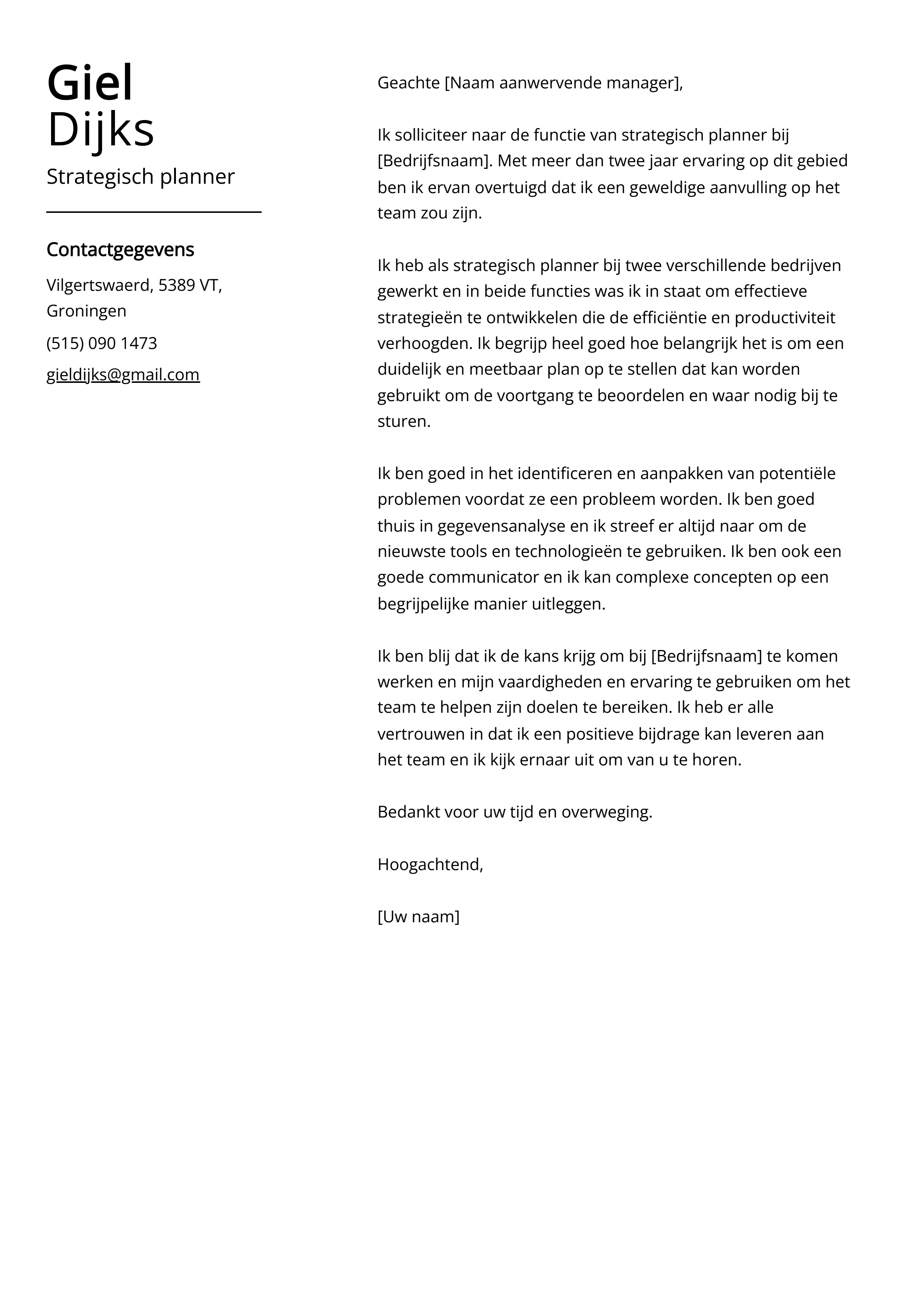 Strategisch planner Cover Letter Voorbeeld