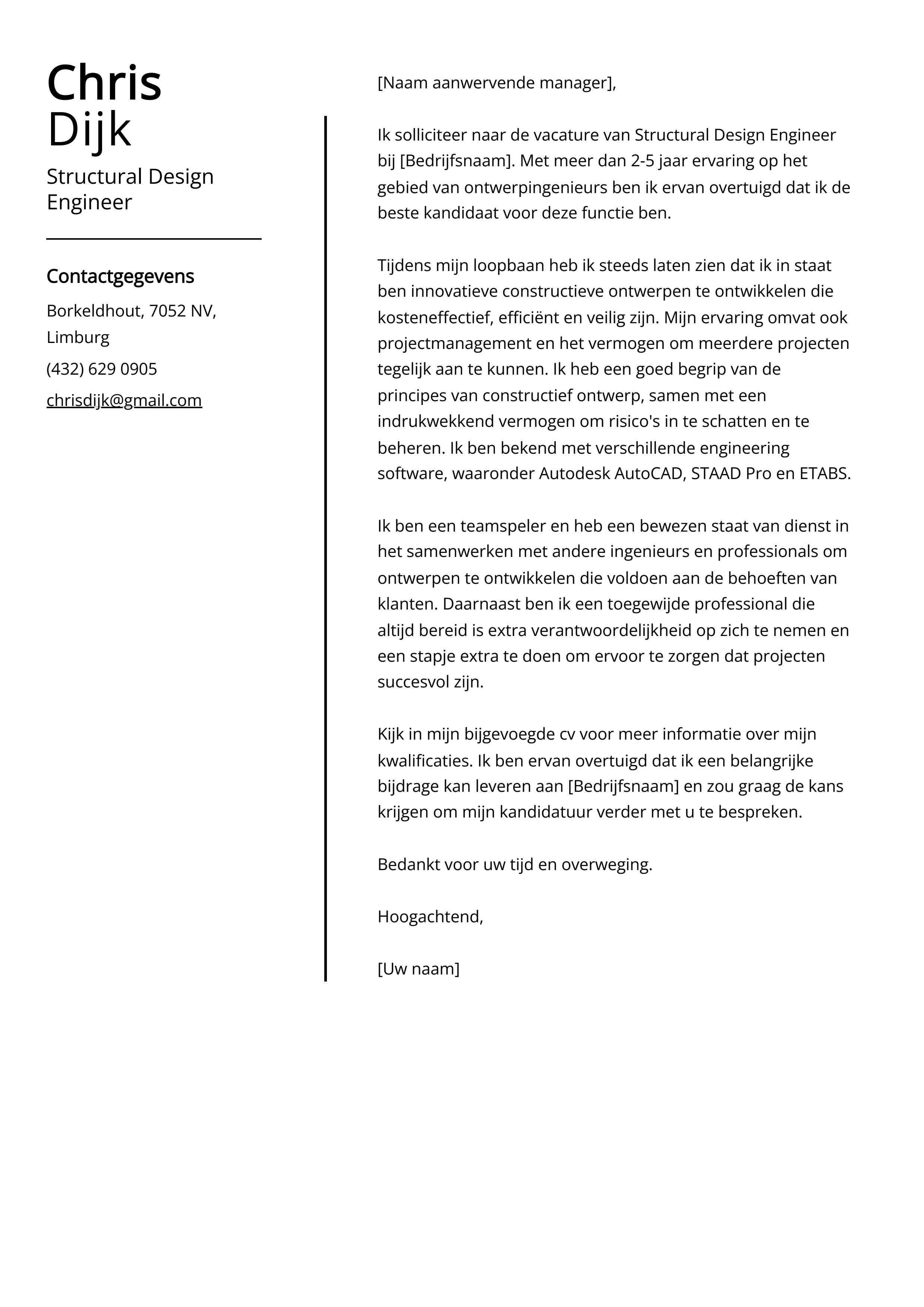 Structural Design Engineer Voorbeeld sollicitatiebrief